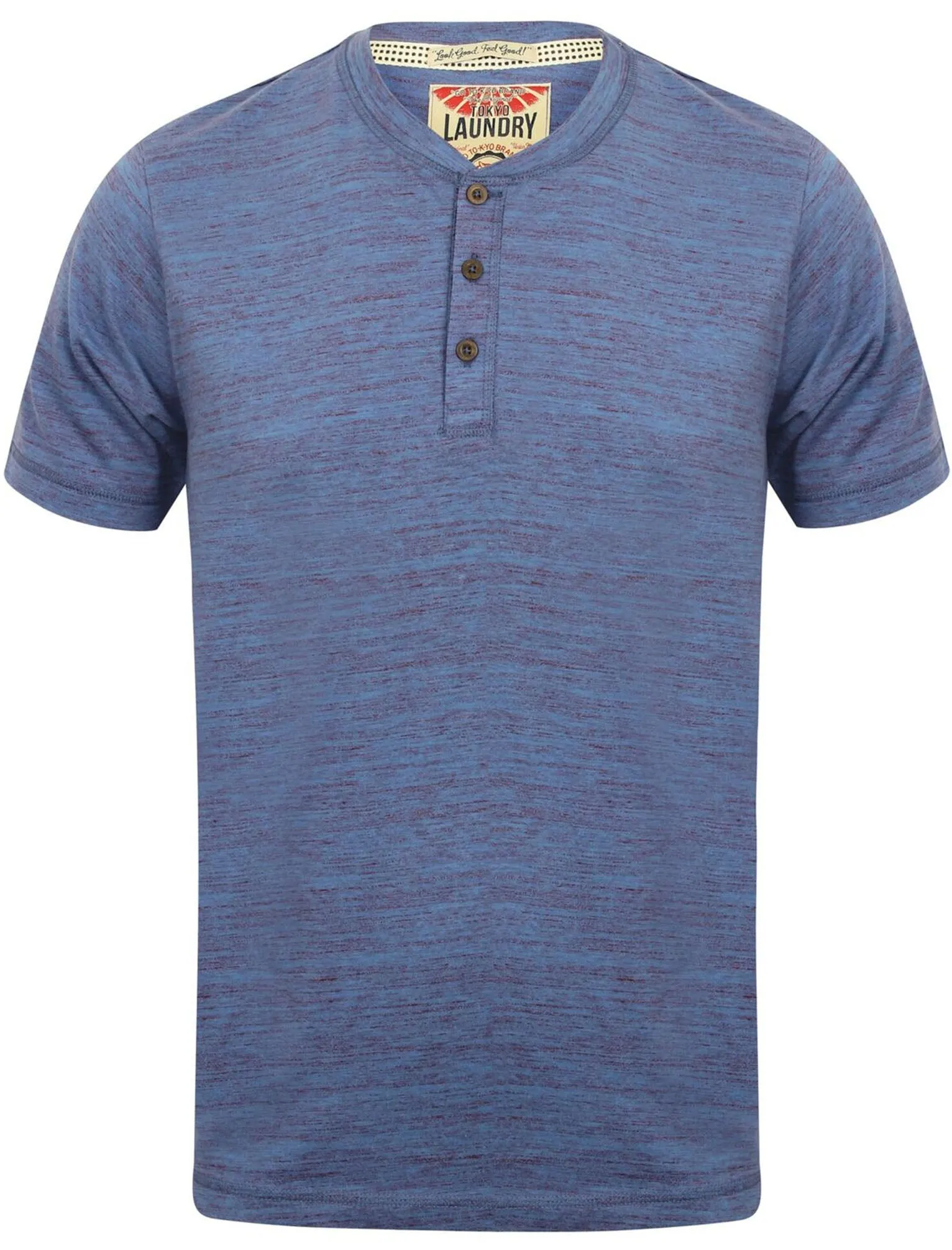 Greville Space Dye Henley T-Shirt in Cornflower Blue / Oxblood - Tokyo Laundry