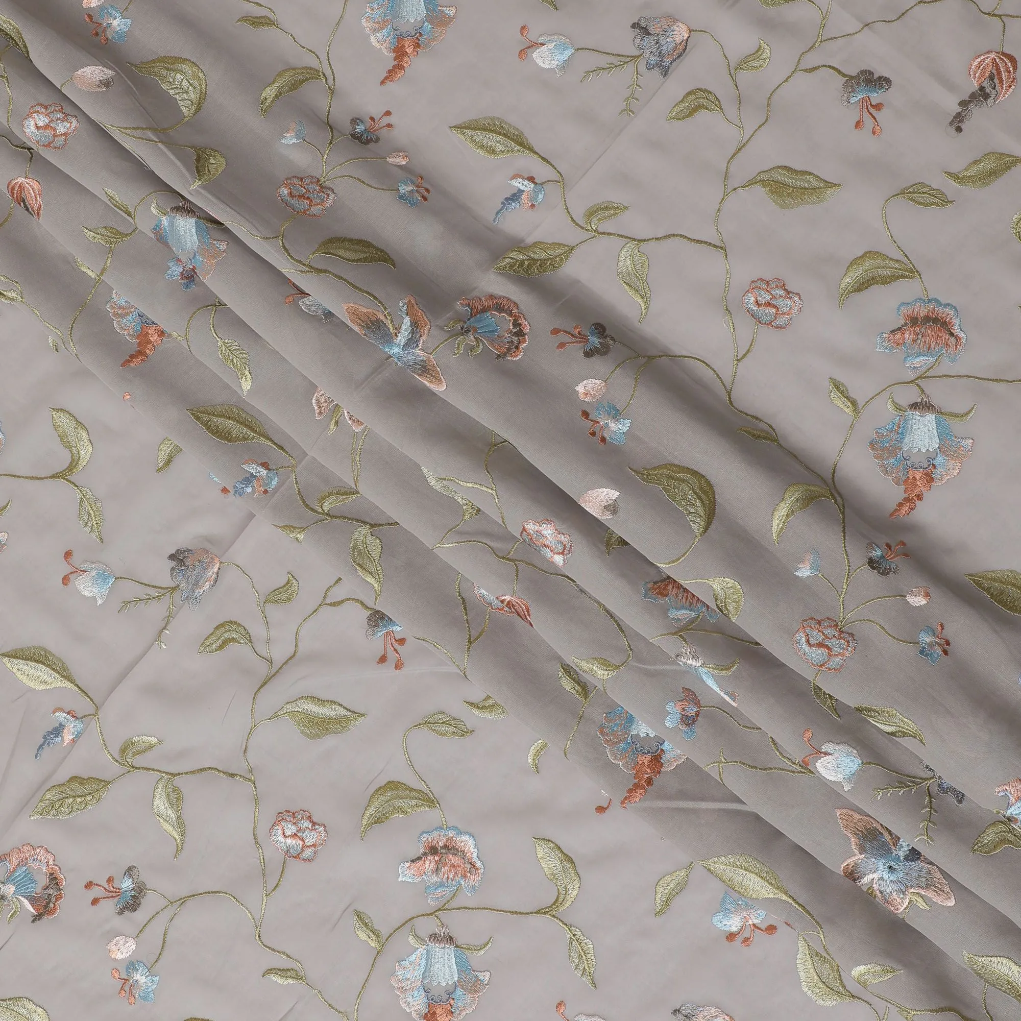 Grey Premium pure cotton voile fabric with multicolor embroidery in floral design-D16972
