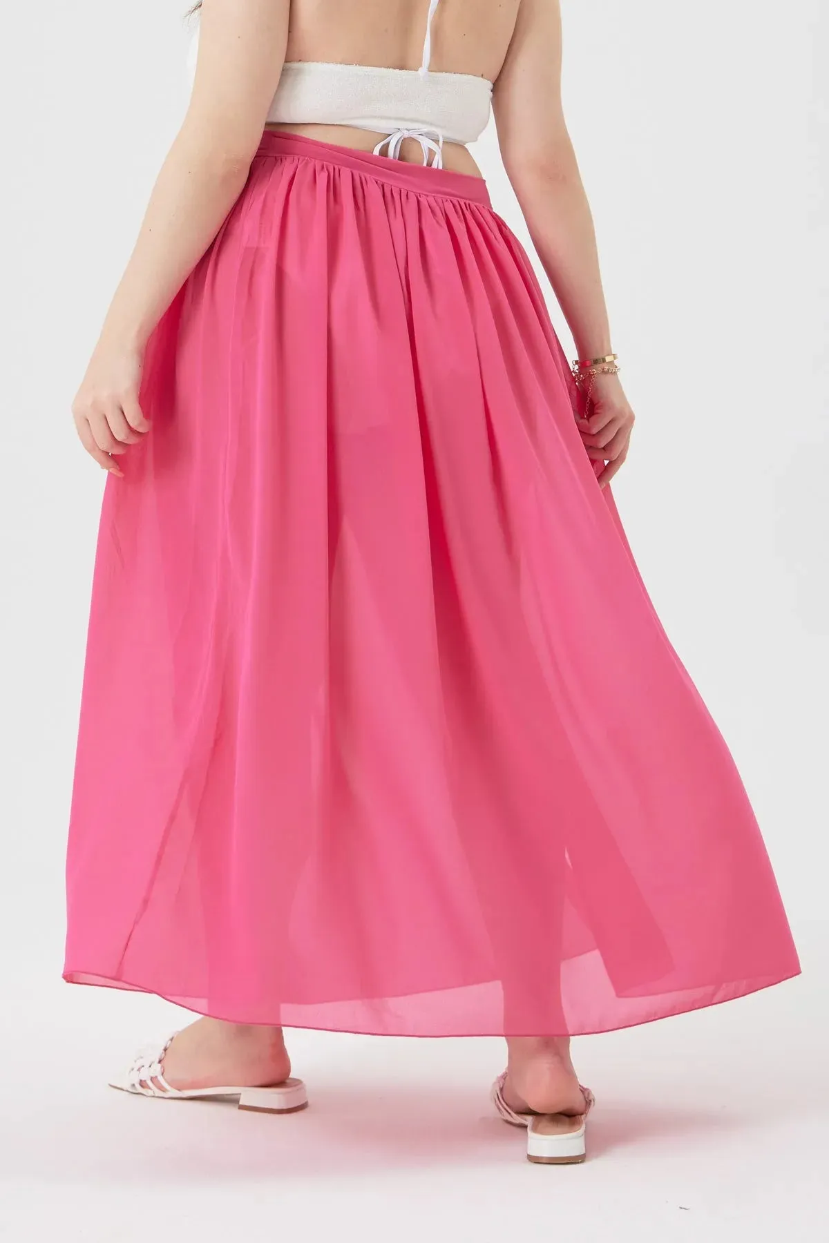 Hot Pink Sheer Wrap Cover Ups Maxi Skirt