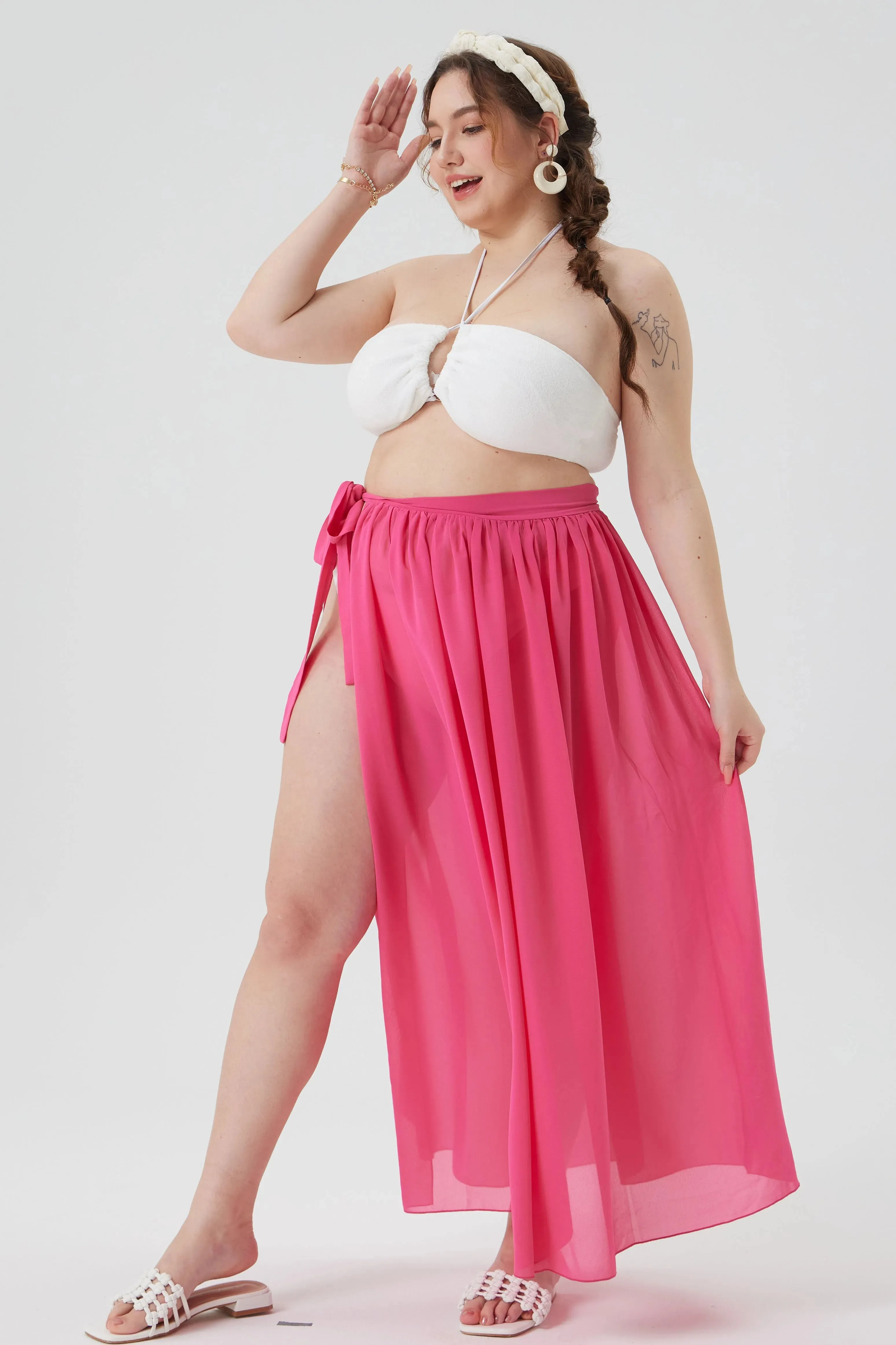 Hot Pink Sheer Wrap Cover Ups Maxi Skirt