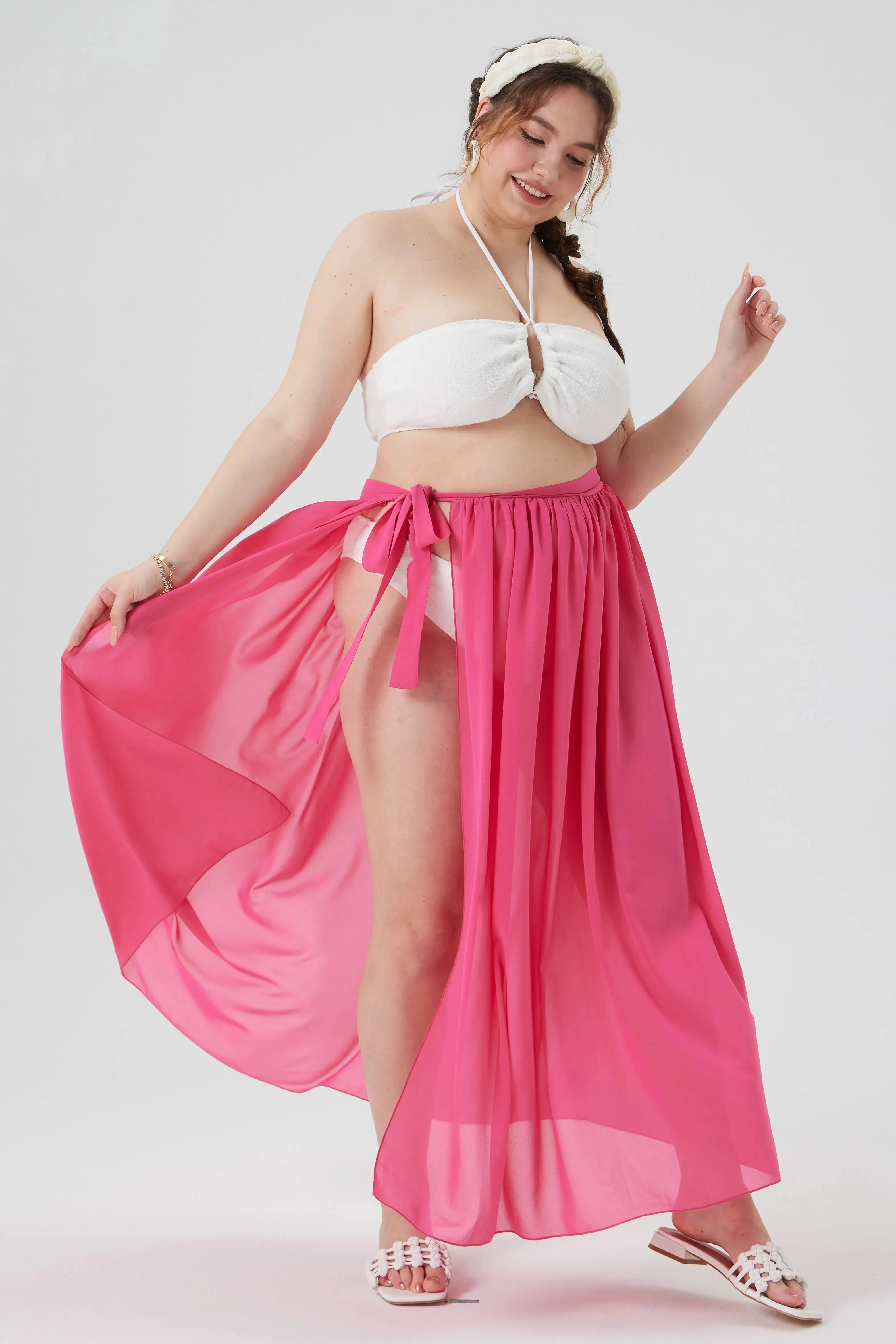 Hot Pink Sheer Wrap Cover Ups Maxi Skirt