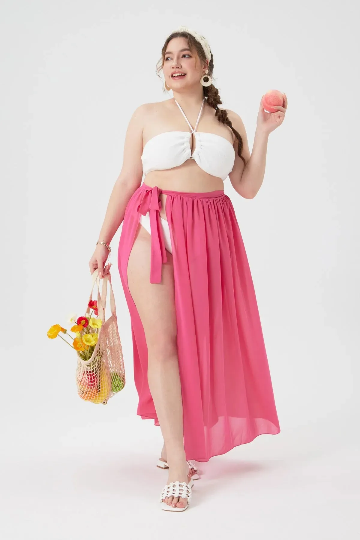 Hot Pink Sheer Wrap Cover Ups Maxi Skirt