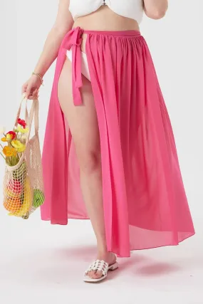 Hot Pink Sheer Wrap Cover Ups Maxi Skirt