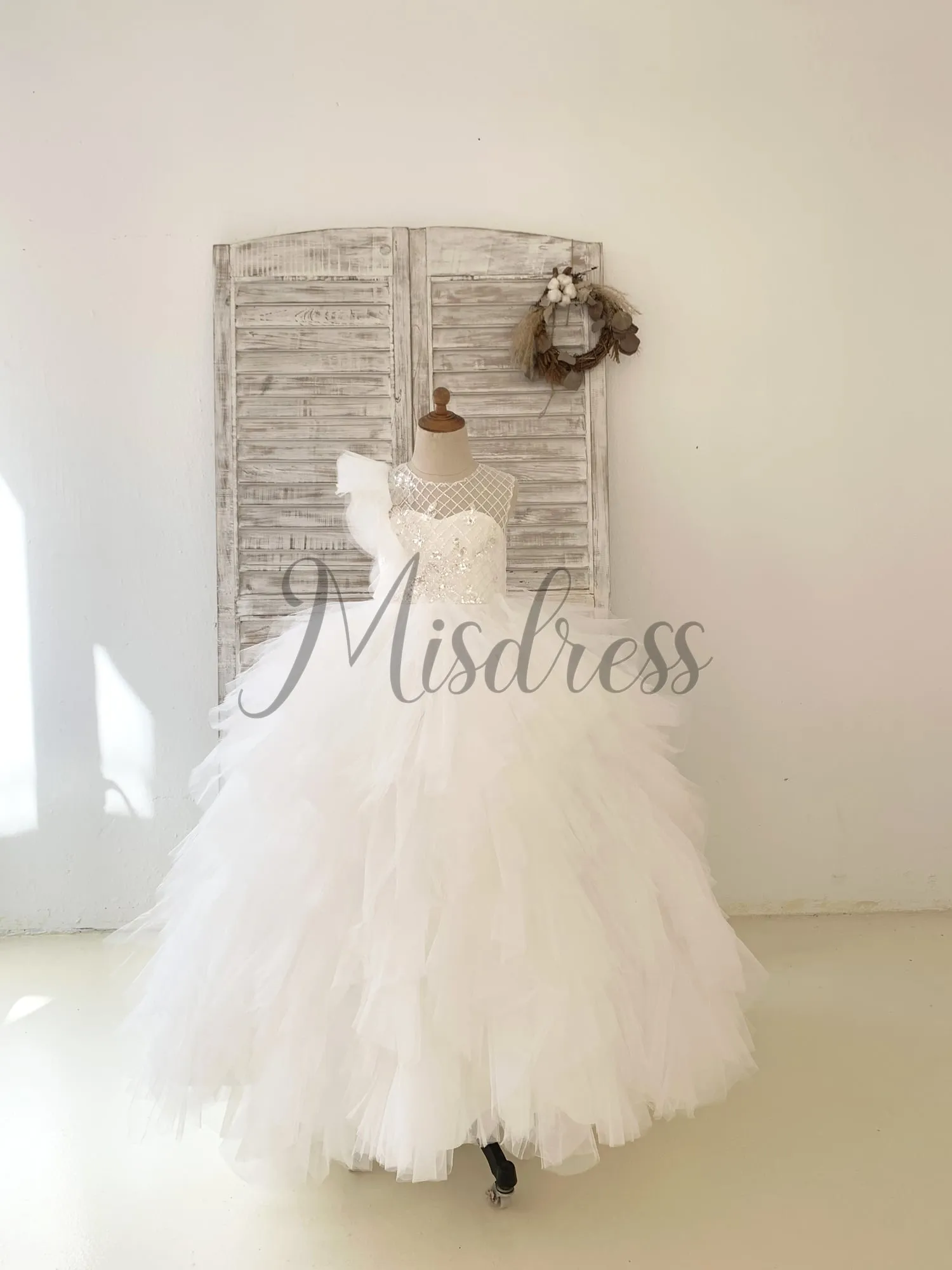 Ivory Check Tulle Ruffle Sleeves Asymmetrical Wedding Party Flower Girl Dress