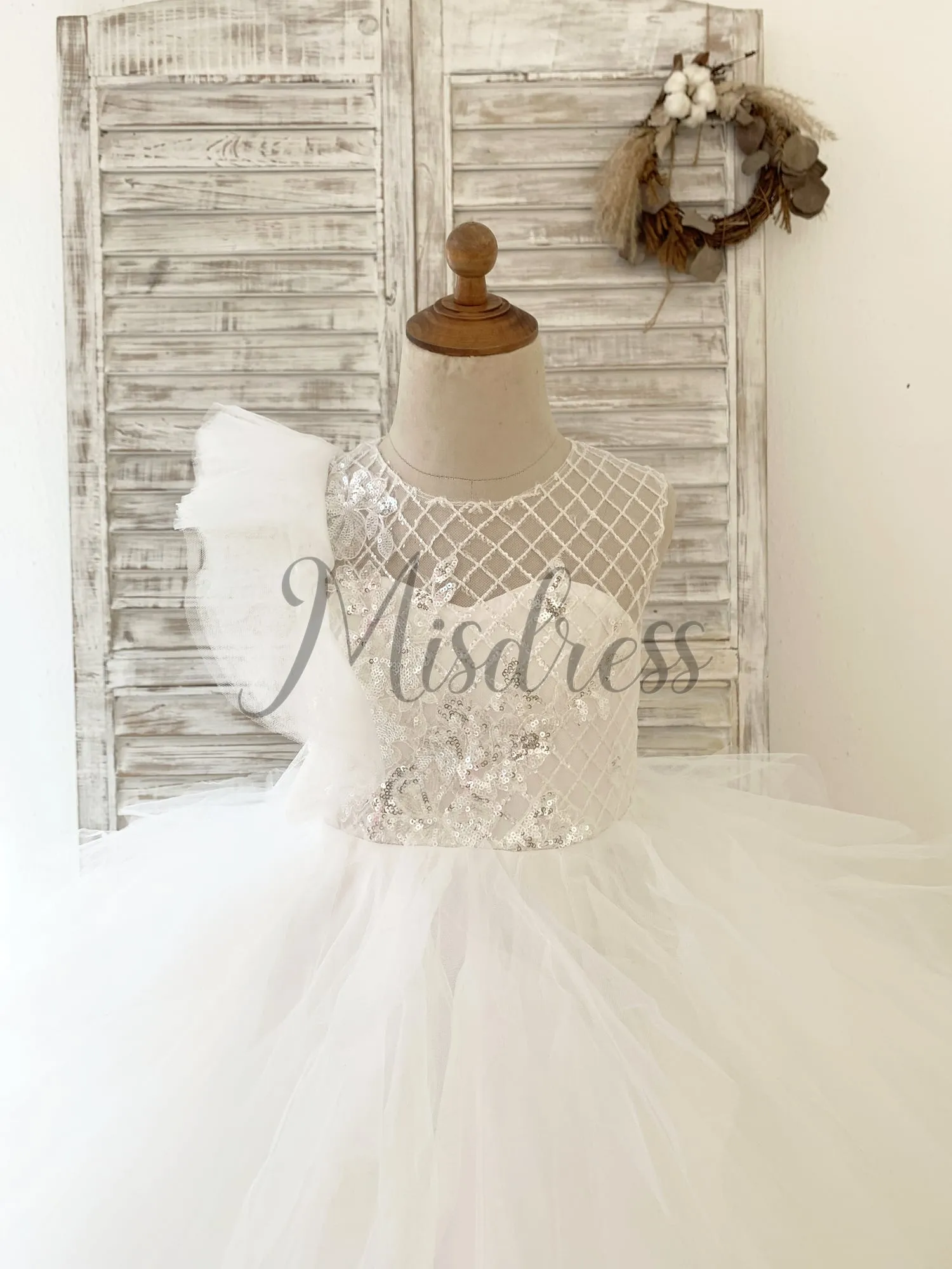 Ivory Check Tulle Ruffle Sleeves Asymmetrical Wedding Party Flower Girl Dress