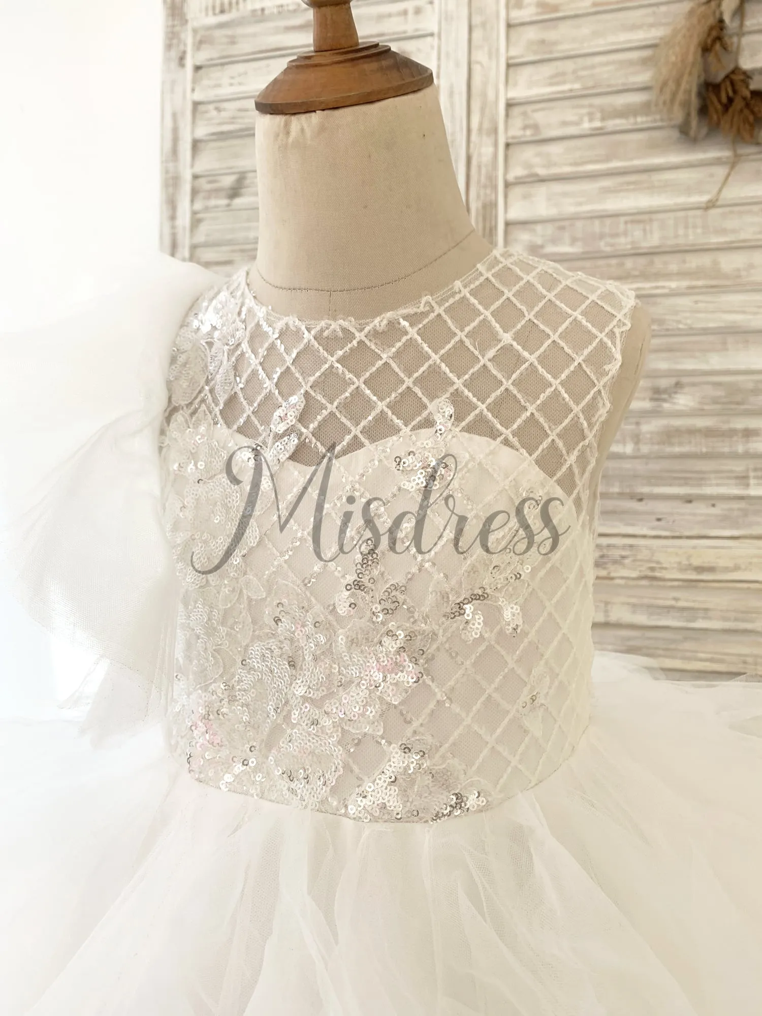 Ivory Check Tulle Ruffle Sleeves Asymmetrical Wedding Party Flower Girl Dress