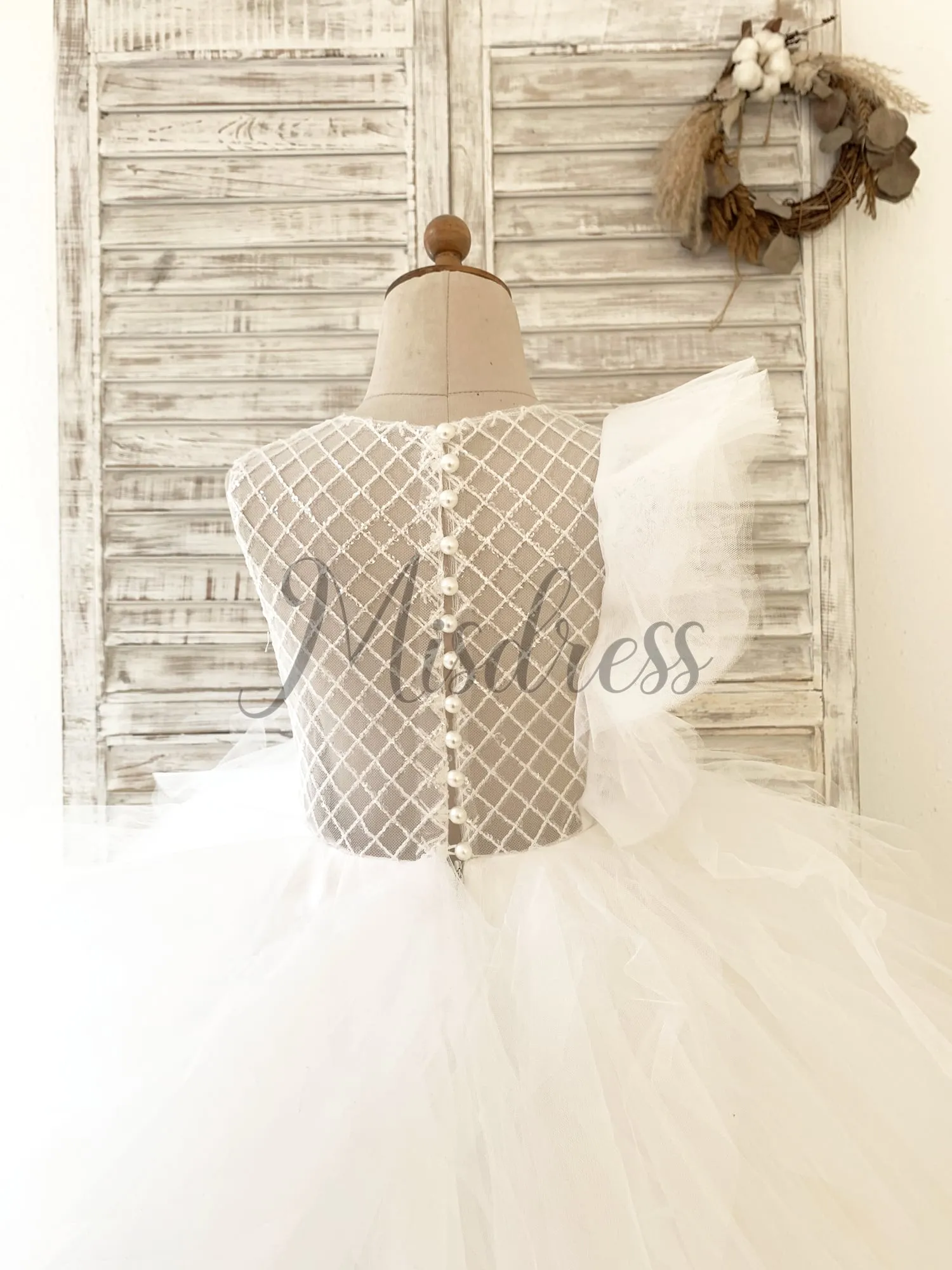 Ivory Check Tulle Ruffle Sleeves Asymmetrical Wedding Party Flower Girl Dress
