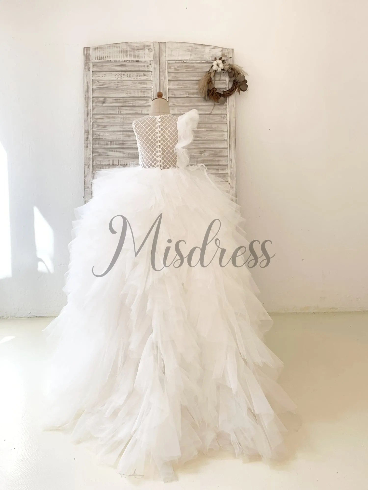 Ivory Check Tulle Ruffle Sleeves Asymmetrical Wedding Party Flower Girl Dress