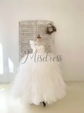 Ivory Check Tulle Ruffle Sleeves Asymmetrical Wedding Party Flower Girl Dress