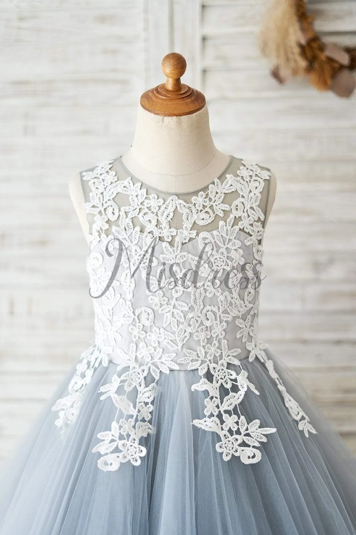 Ivory Lace Gray Tulle Wedding Flower Girl Dress Kids Party Birthday Dress