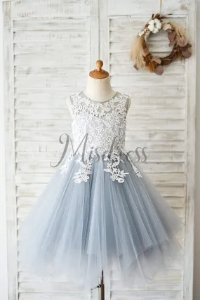 Ivory Lace Gray Tulle Wedding Flower Girl Dress Kids Party Birthday Dress