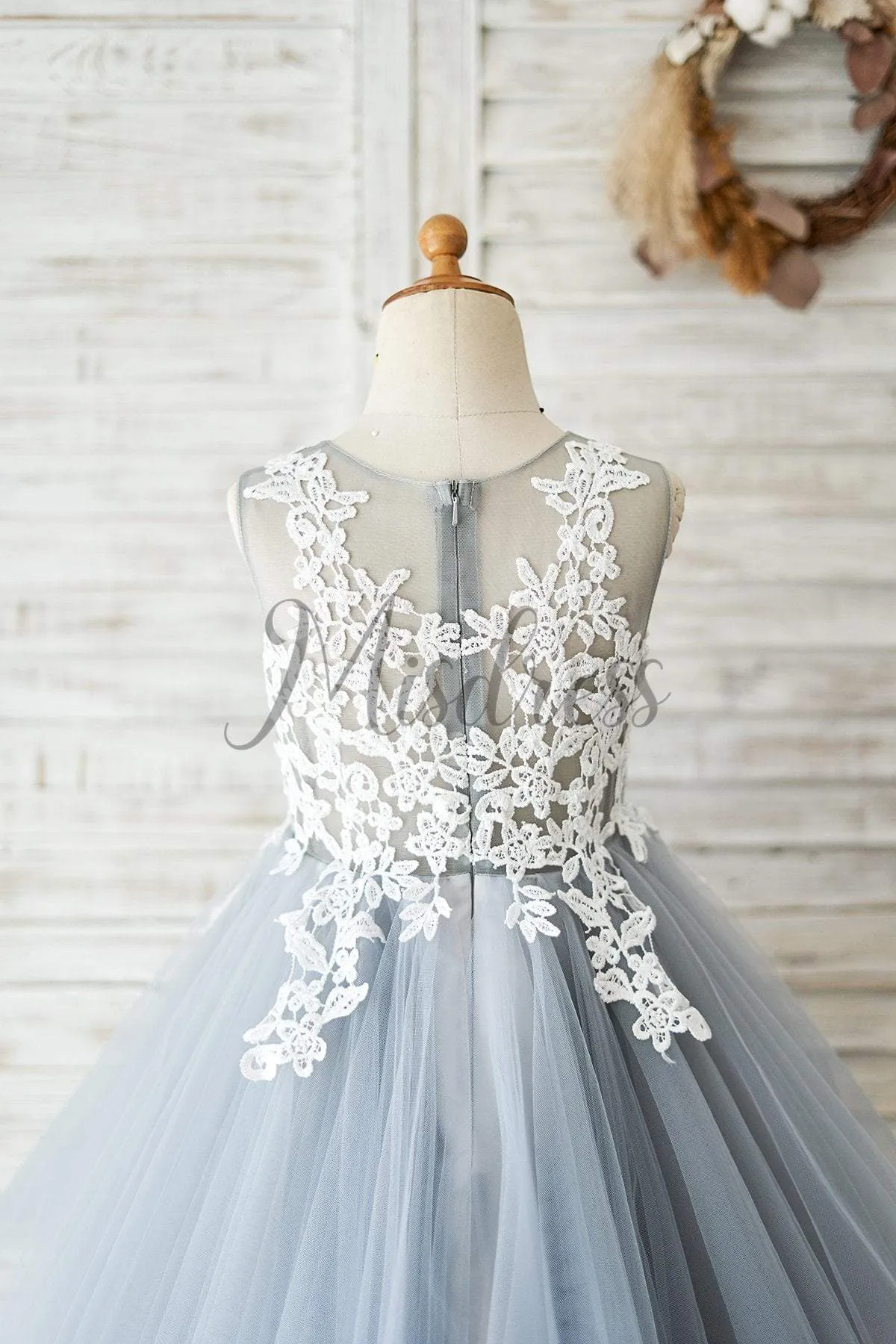 Ivory Lace Gray Tulle Wedding Flower Girl Dress Kids Party Birthday Dress