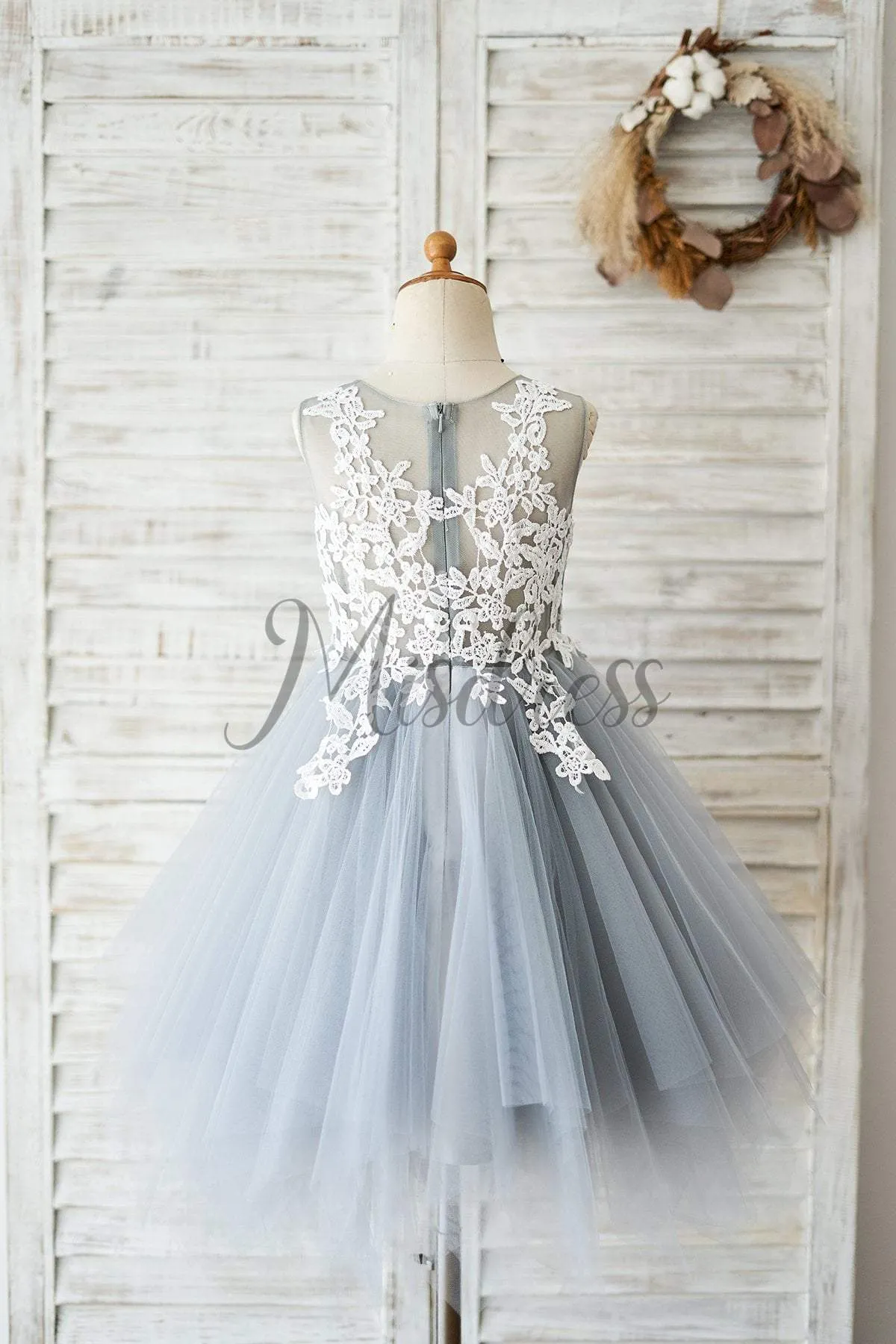 Ivory Lace Gray Tulle Wedding Flower Girl Dress Kids Party Birthday Dress