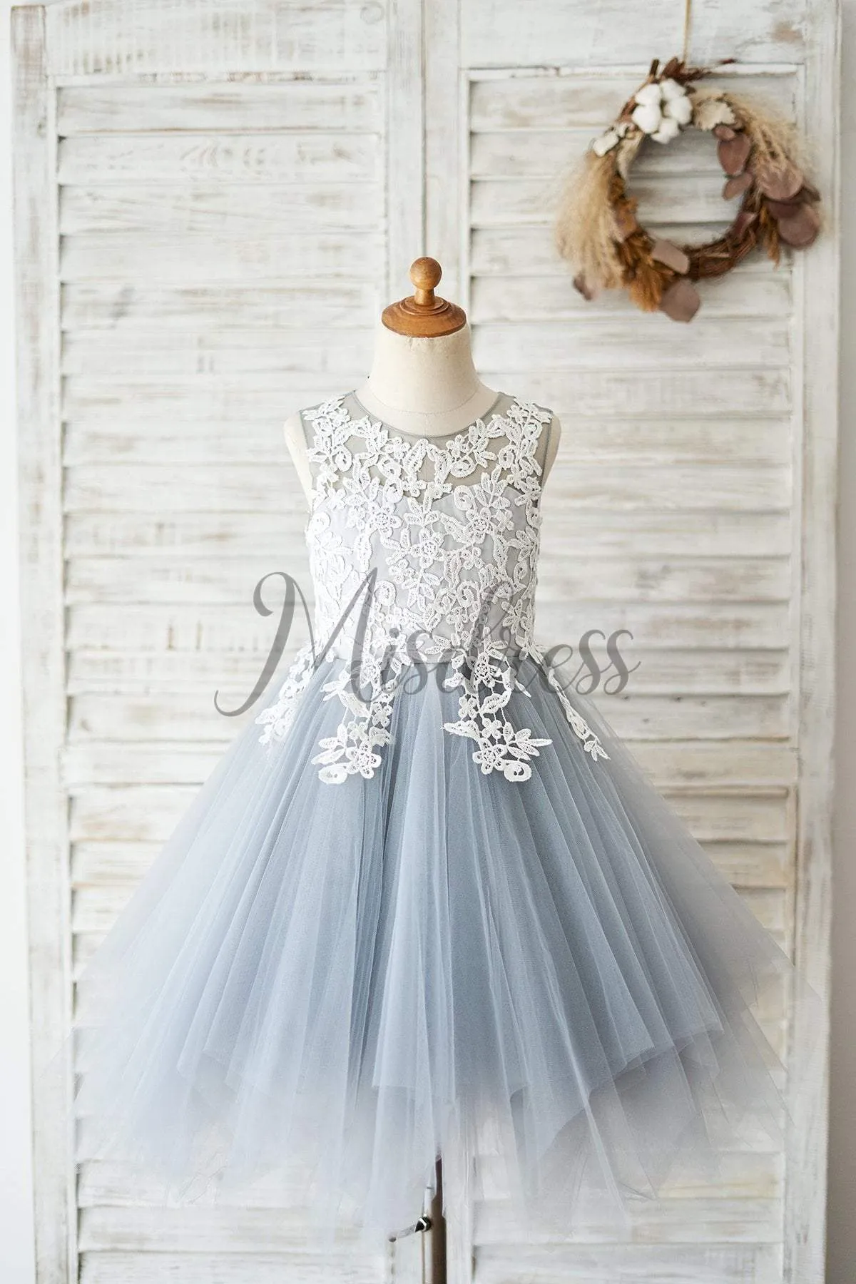 Ivory Lace Gray Tulle Wedding Flower Girl Dress Kids Party Birthday Dress