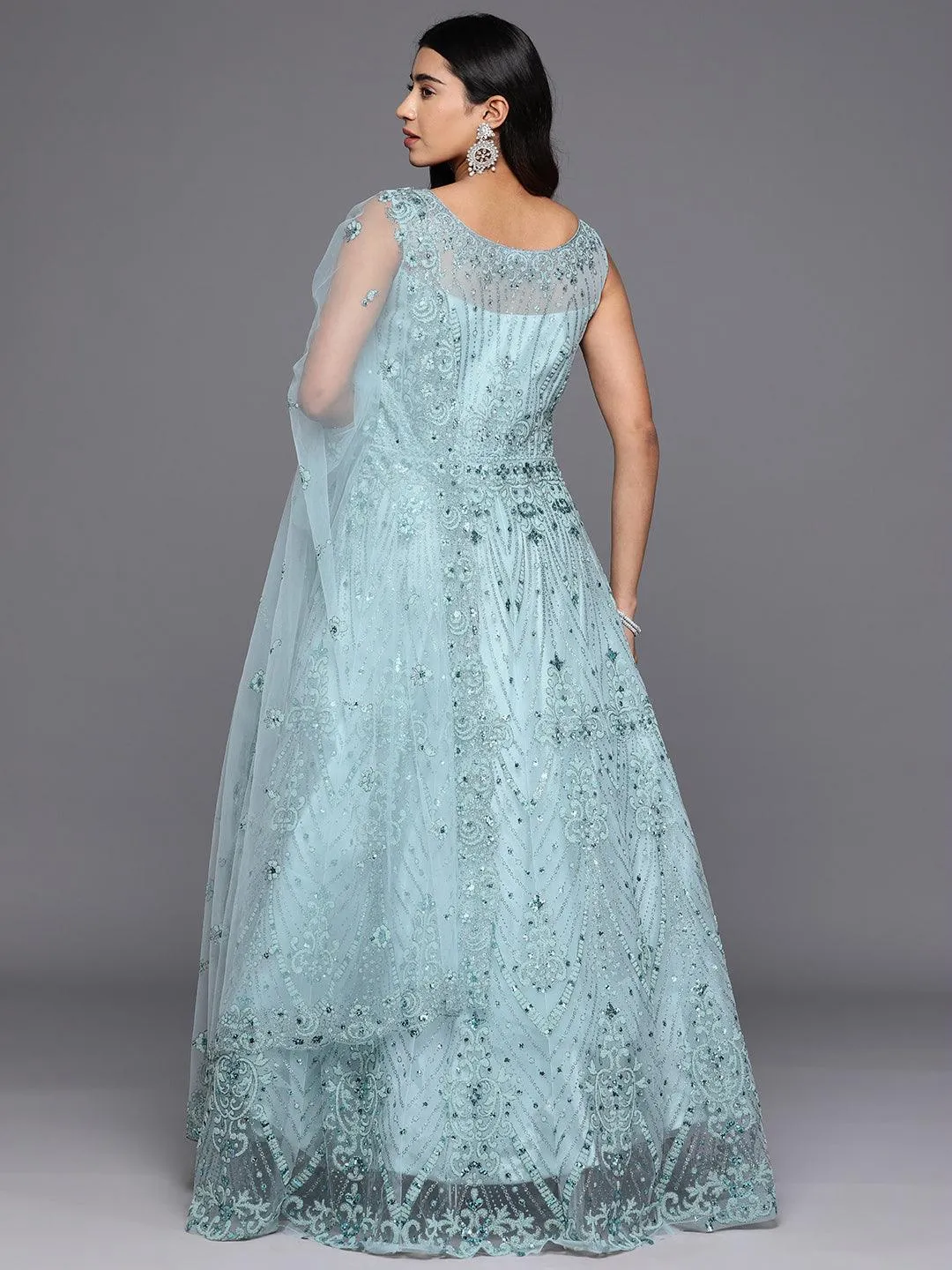 Jashvi Art Sea Green Embellished Net Gown Dress With Dupatta