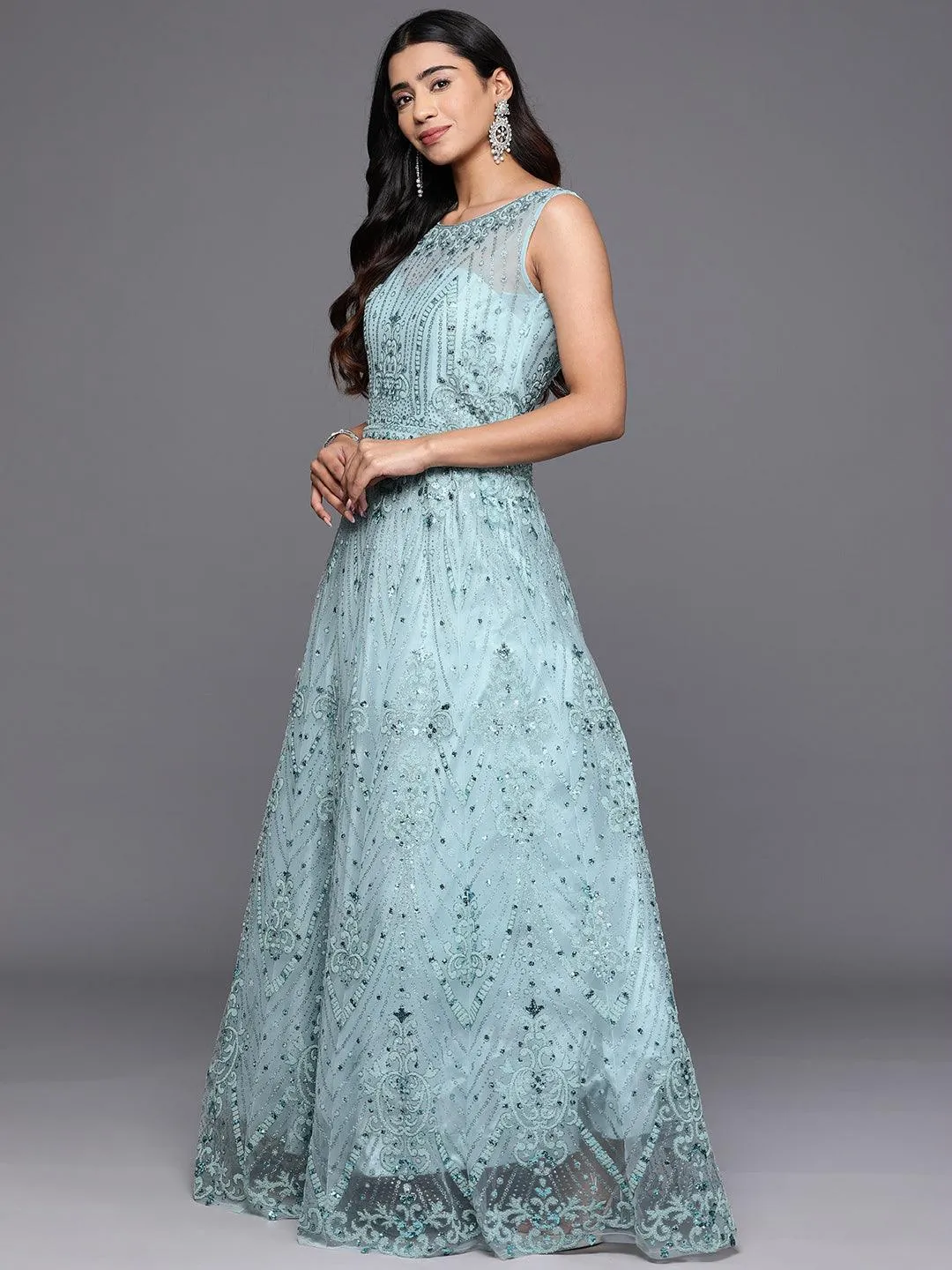 Jashvi Art Sea Green Embellished Net Gown Dress With Dupatta