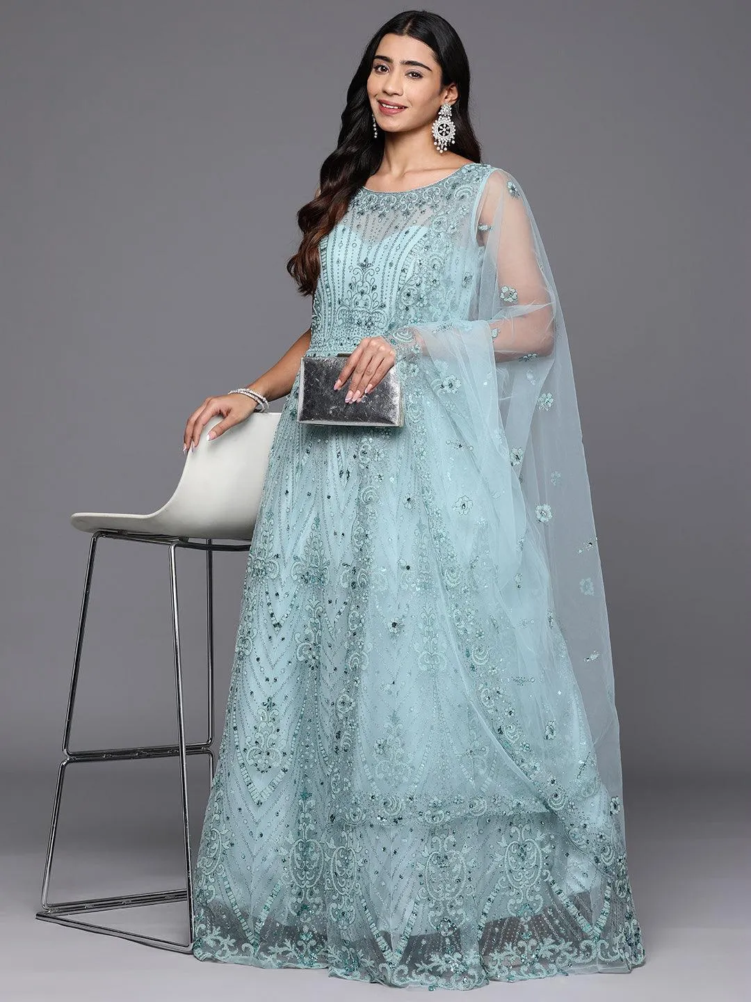 Jashvi Art Sea Green Embellished Net Gown Dress With Dupatta