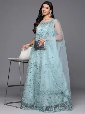 Jashvi Art Sea Green Embellished Net Gown Dress With Dupatta