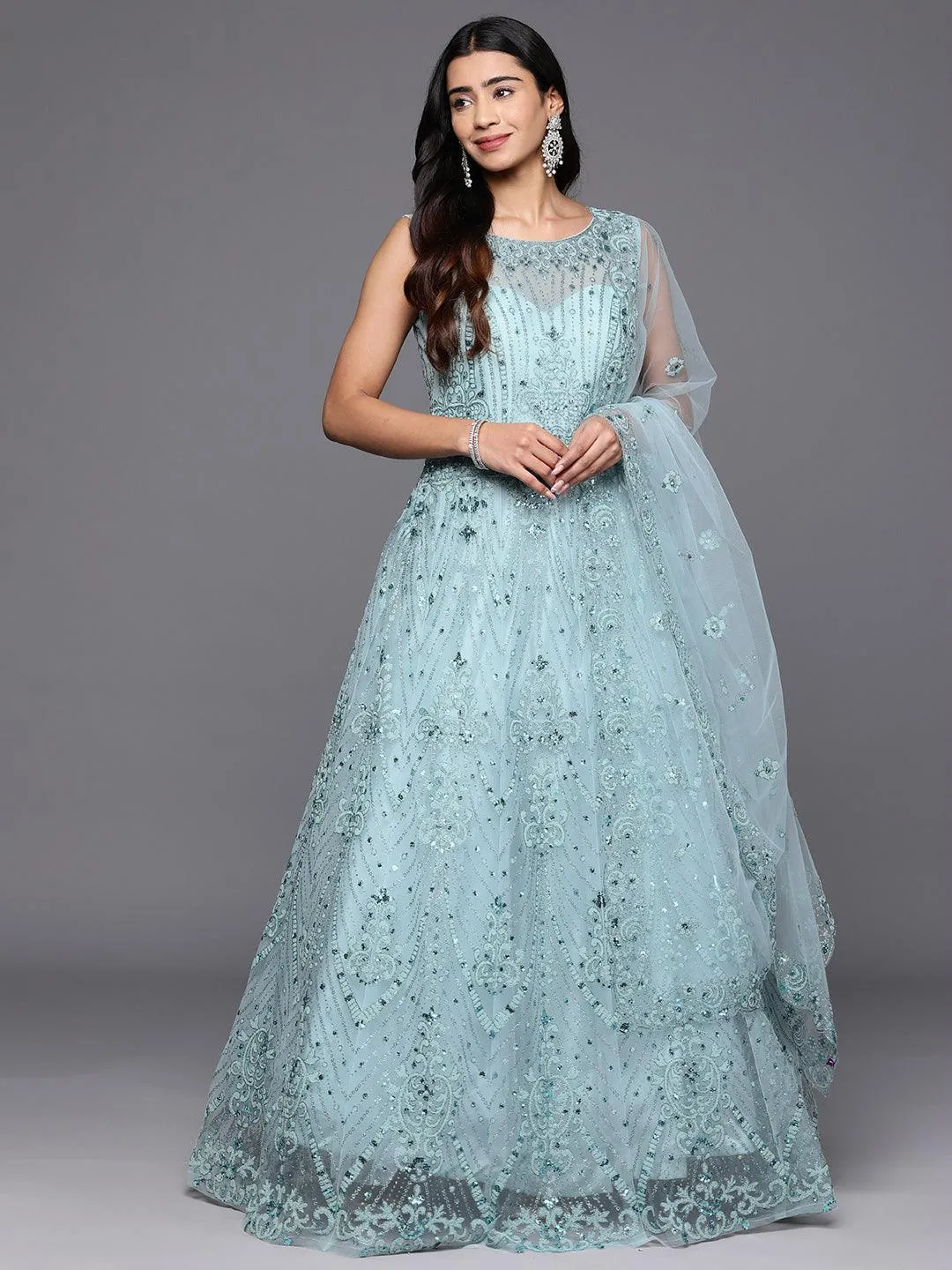 Jashvi Art Sea Green Embellished Net Gown Dress With Dupatta