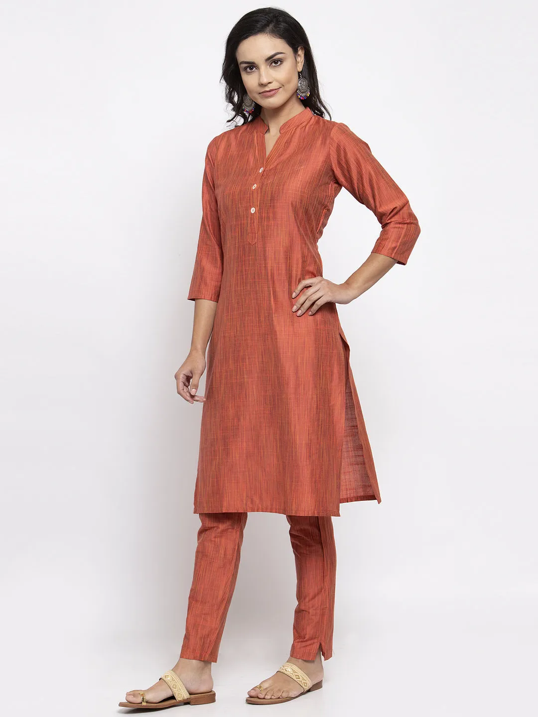 Jashvi Women Orange Self-Striped Kurta with Trousers