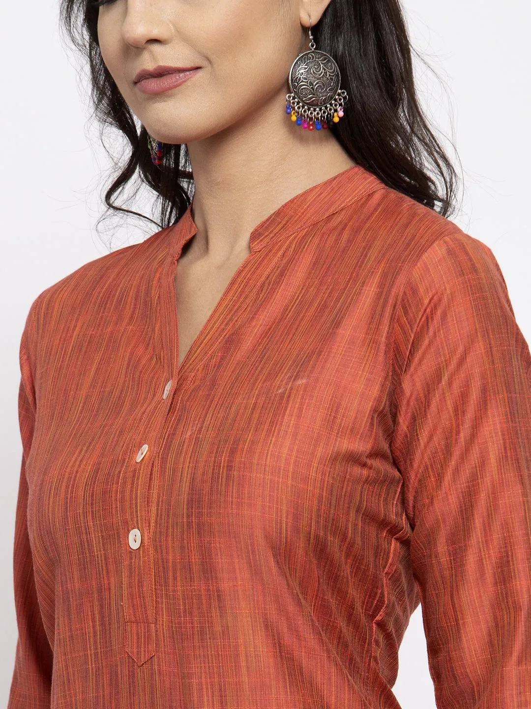 Jashvi Women Orange Self-Striped Kurta with Trousers