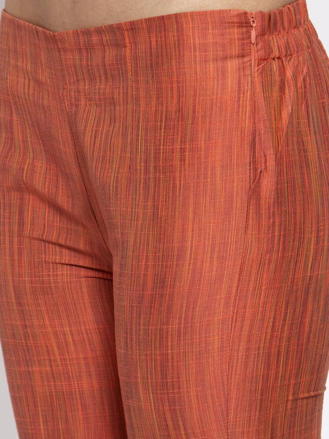 Jashvi Women Orange Self-Striped Kurta with Trousers
