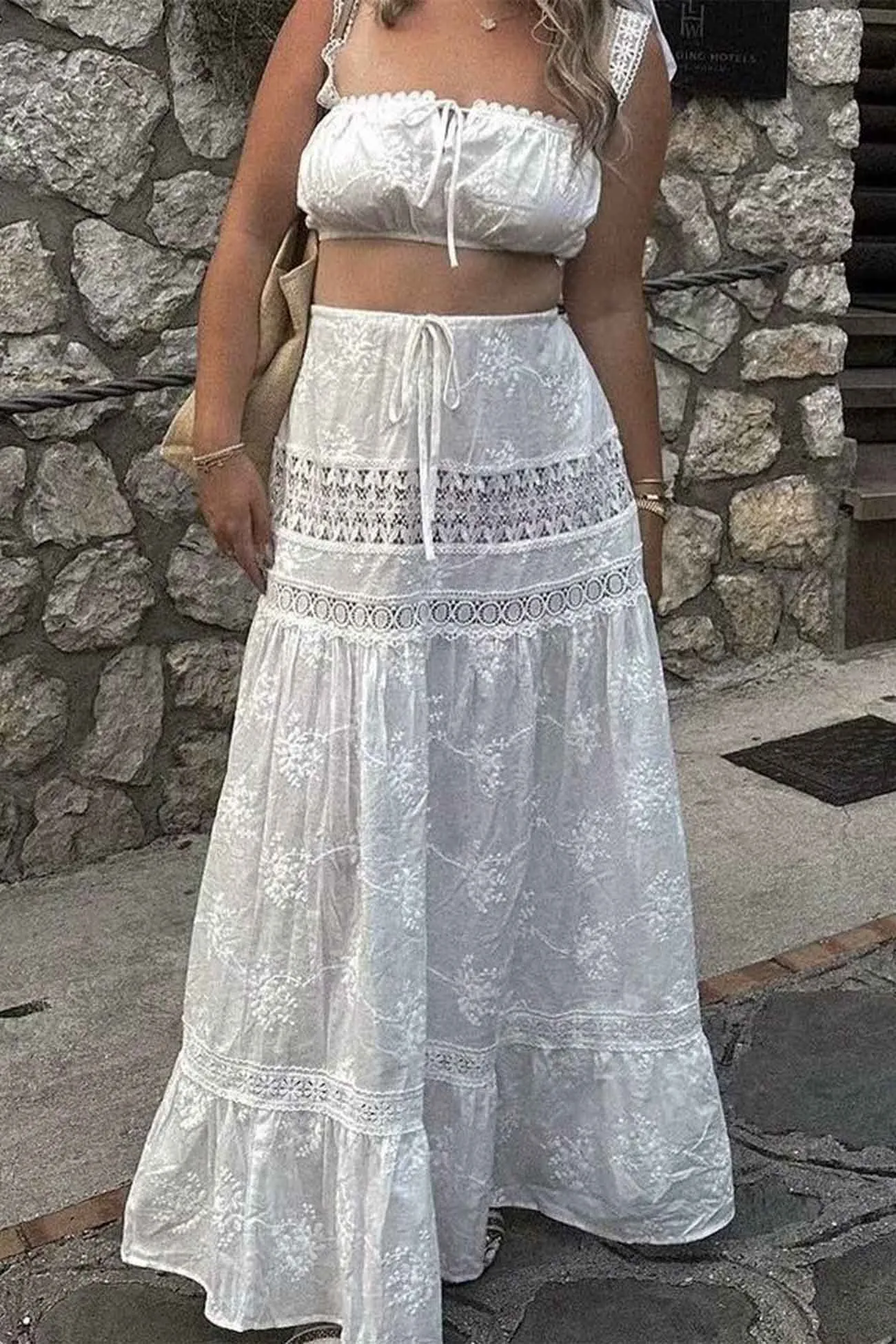 Joskaa Solid Lace Crop Top Cutout Maxi Skirt Set