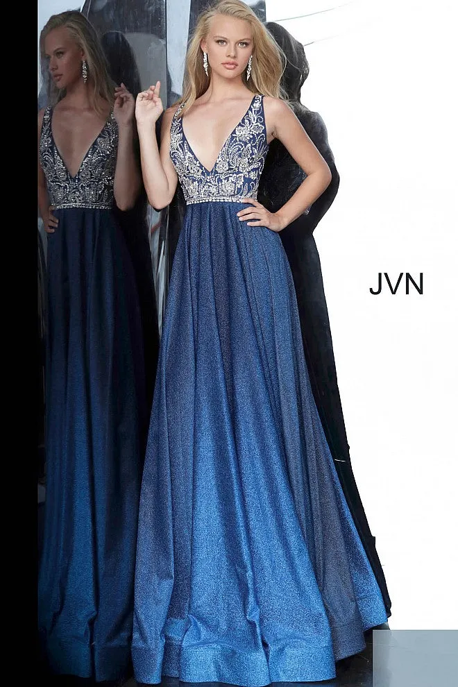 Jovani JVN4608 Size 4 Blue Ombre Shimmer Maxi Prom Dress Gown V Neck Embellished