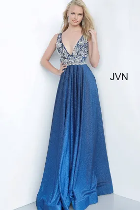 Jovani JVN4608 Size 4 Blue Ombre Shimmer Maxi Prom Dress Gown V Neck Embellished