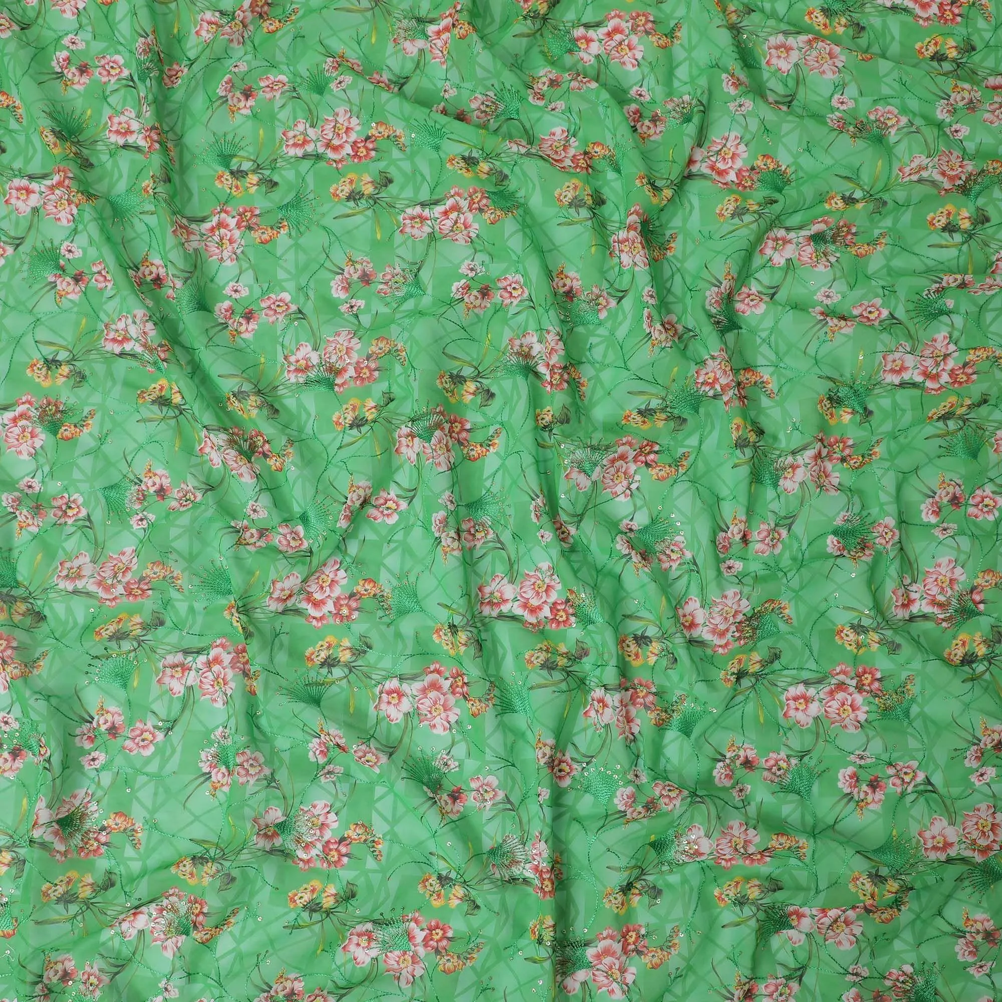 Kelly green Premium pure cotton voile fabric with multicolor print having embroidery and sequins in floral design-D13245