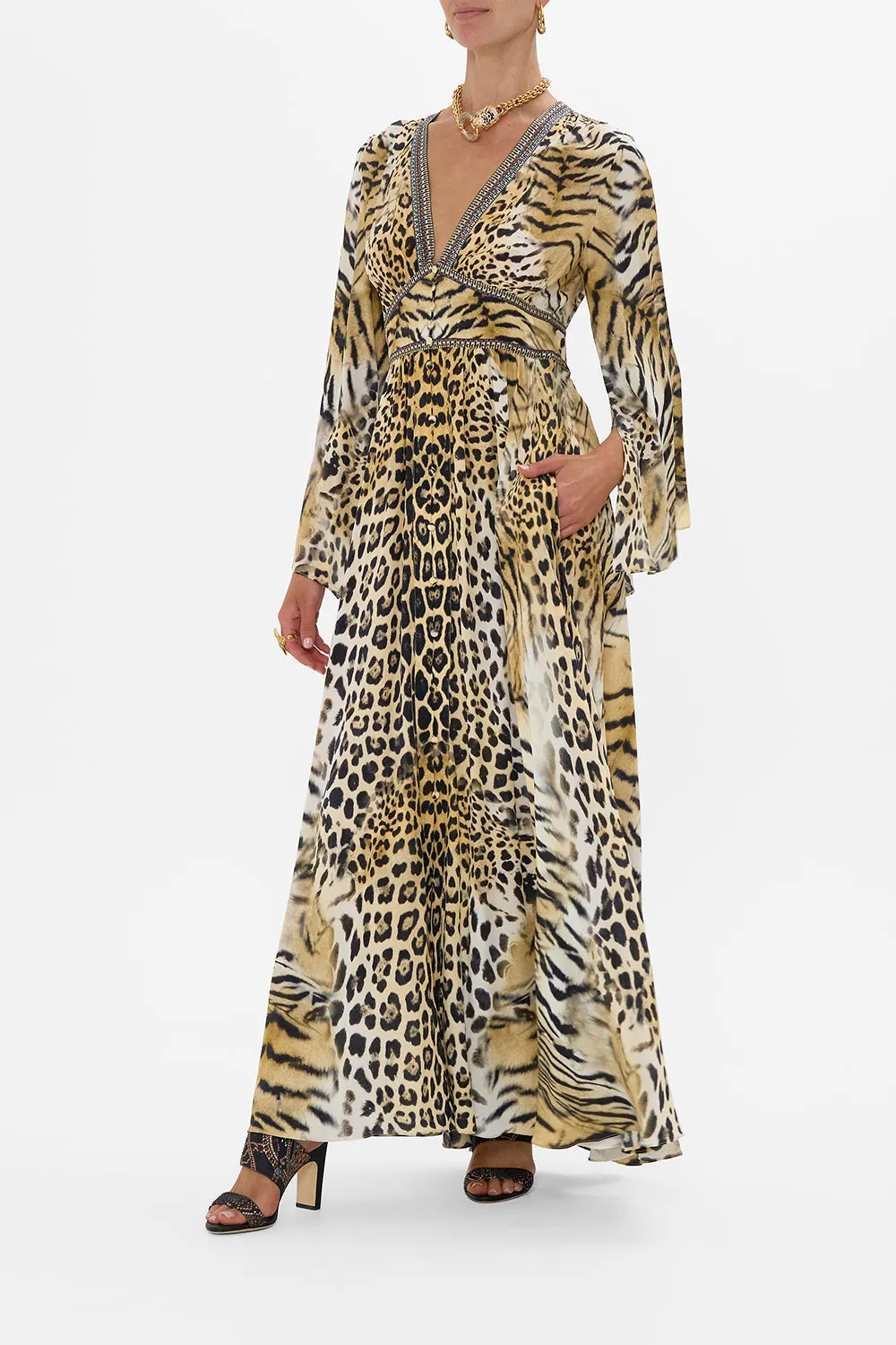 KIMONO SLEEVE DRESS WITH SHIRRING DETAIL JAGUAR
