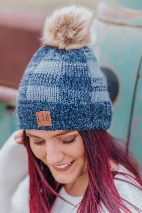 Knit Pom Pom Beanie In Blue Plaid