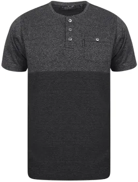 Koku Block Design Henley Neck T-Shirt with Chest Pocket In Jet Black - Dissident