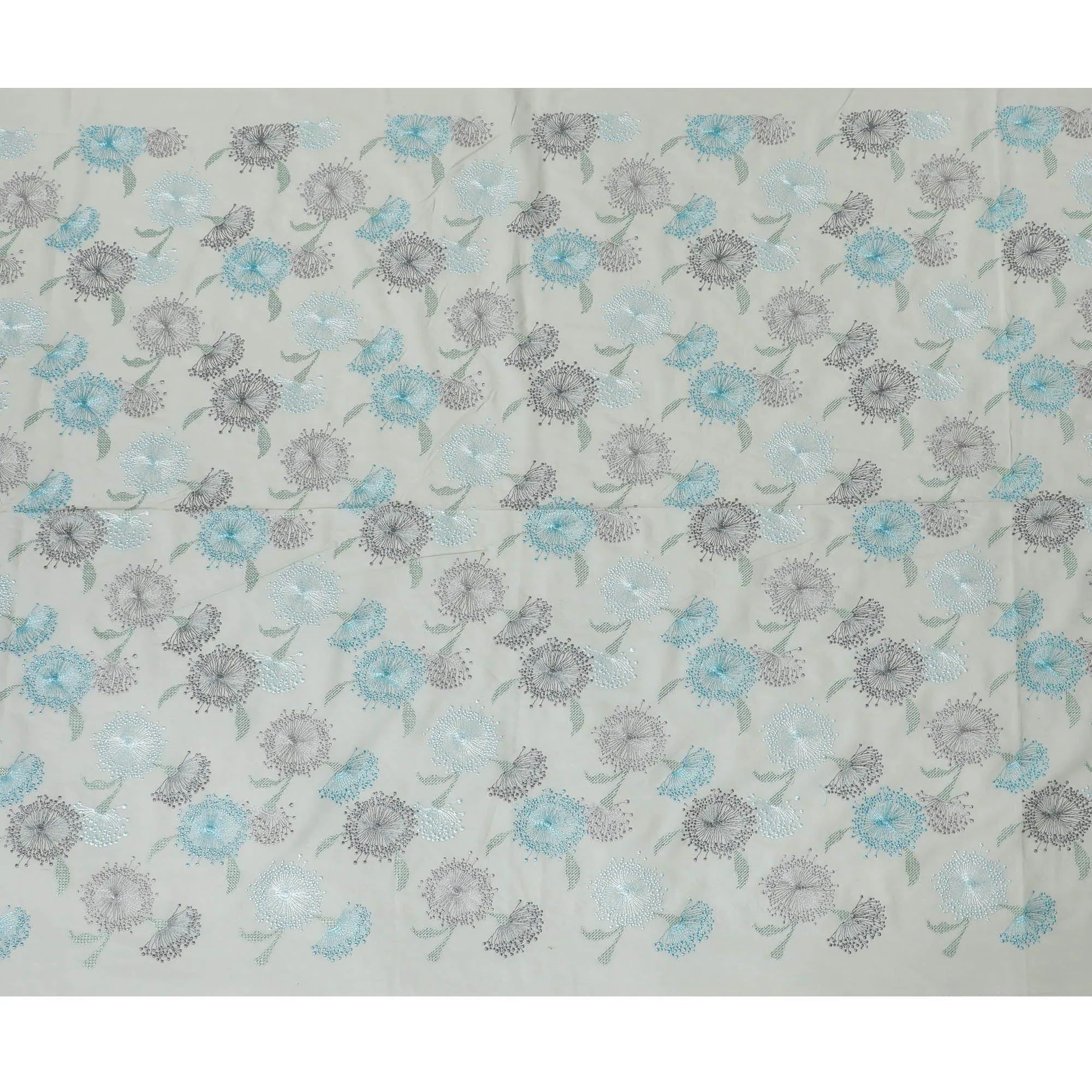 Laurel green cotton voile fabric with same tone, baby blue and coin grey embroidery in floral design-D14469