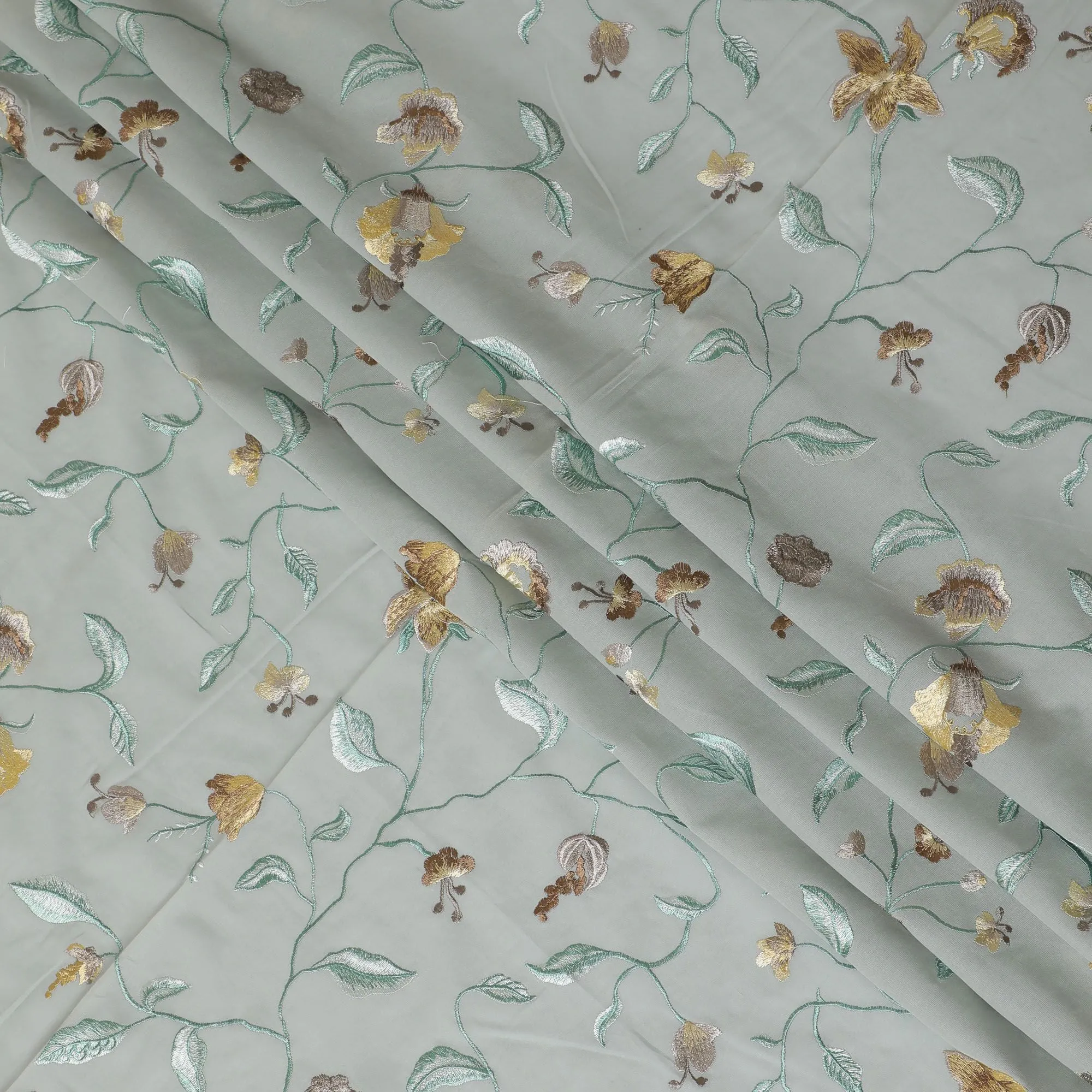 Laurel green Premium pure cotton voile fabric with multicolor embroidery in floral design-D16974