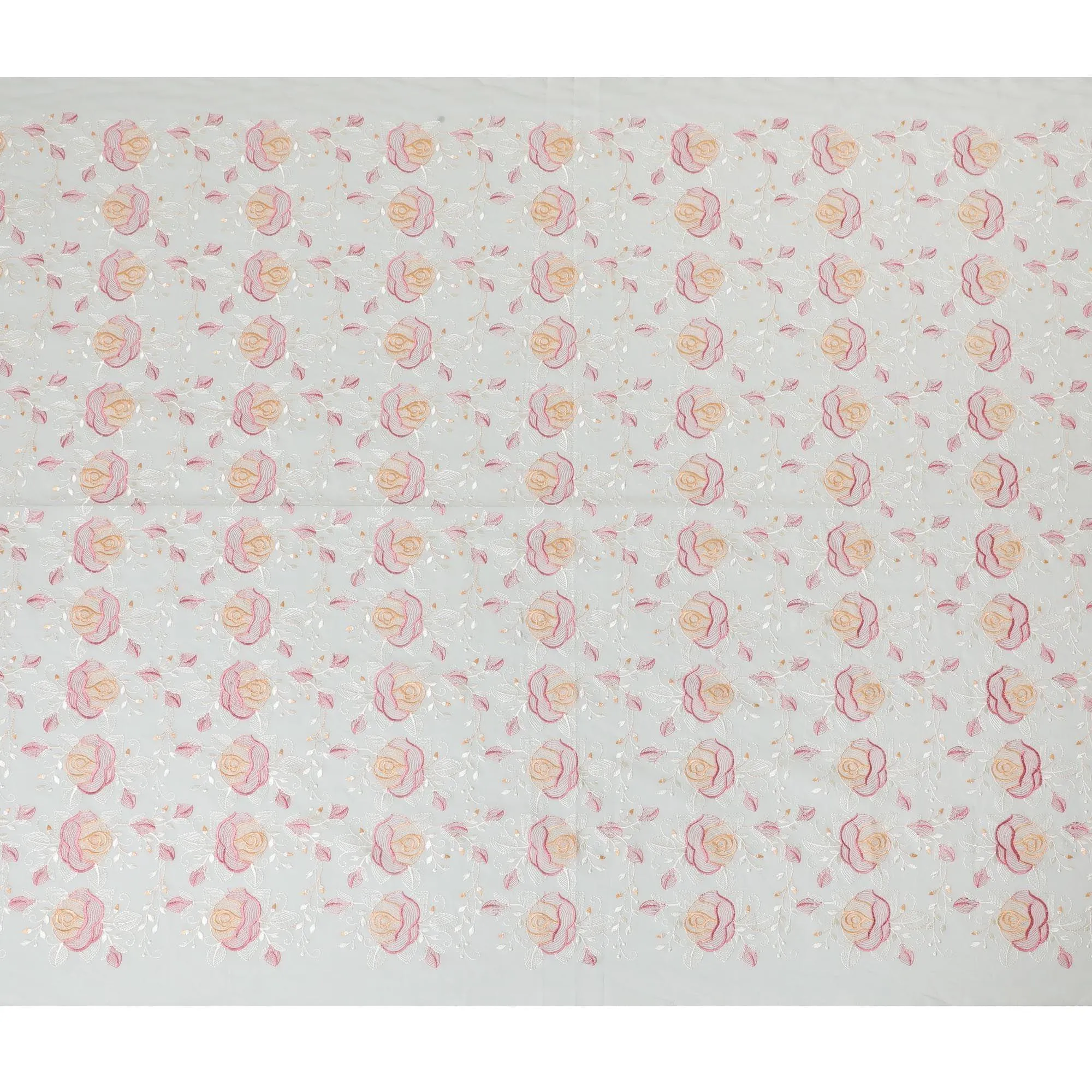 Laurel green Premium pure cotton voile fabric with peach, brick pink and beige embroidery in floral design-D15252