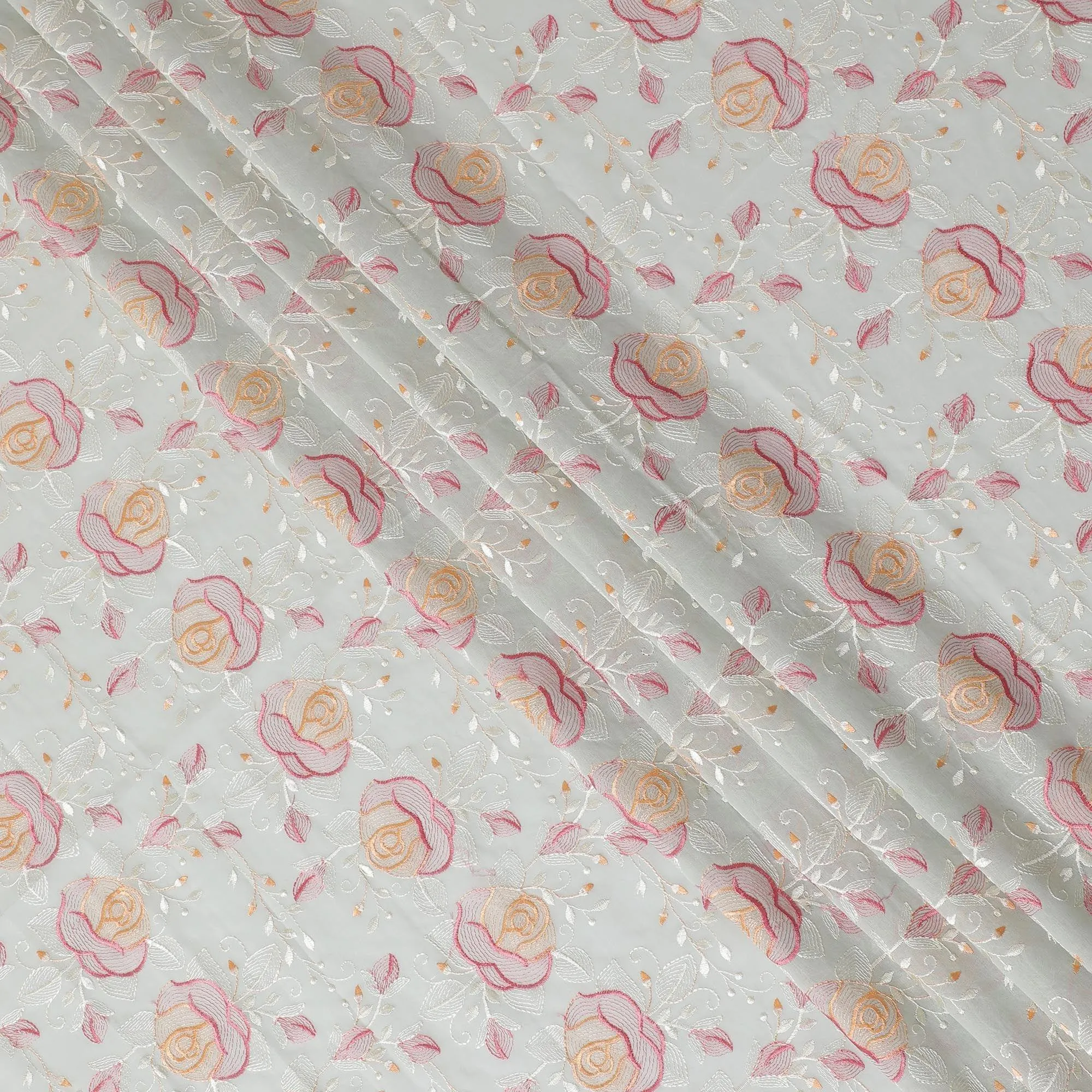 Laurel green Premium pure cotton voile fabric with peach, brick pink and beige embroidery in floral design-D15252
