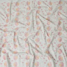 Laurel green Premium pure cotton voile fabric with peach, brick pink and beige embroidery in floral design-D15252