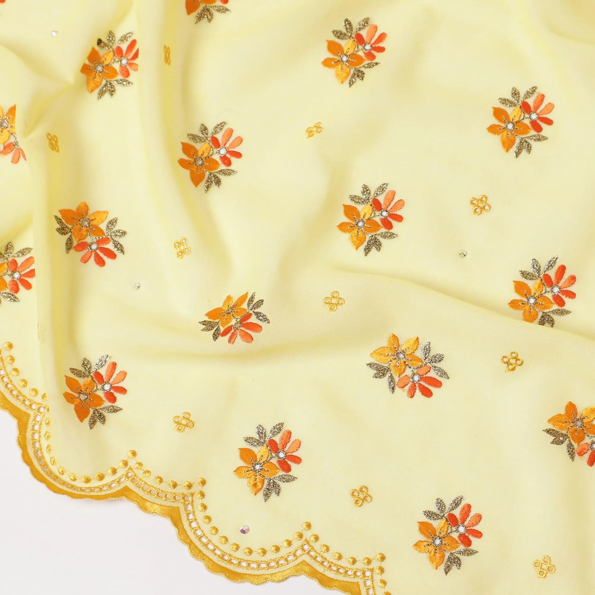 Lemon yellow Premium Swiss cotton voile (Thobe) fabric with blaze orange, gold, mustard yellow embrodiery having stone work in floral design-D7998