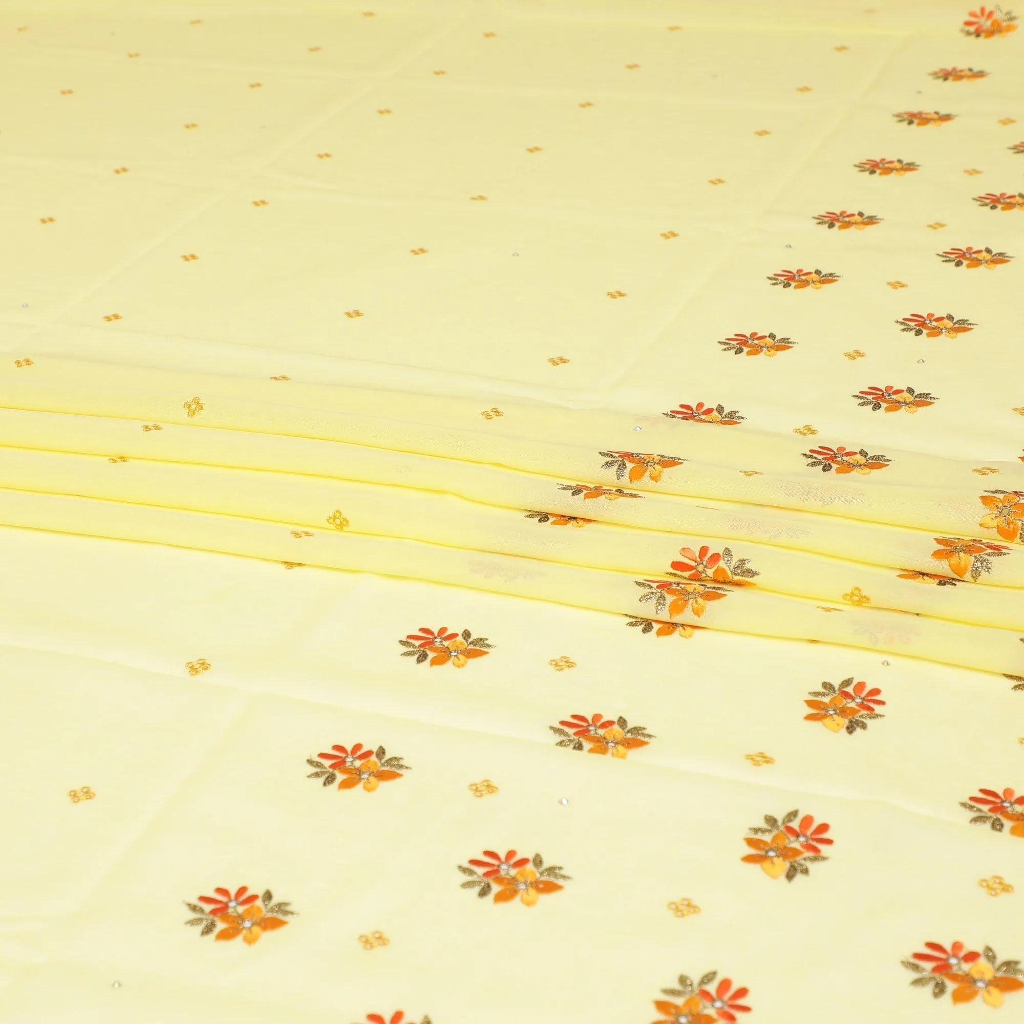 Lemon yellow Premium Swiss cotton voile (Thobe) fabric with blaze orange, gold, mustard yellow embrodiery having stone work in floral design-D7998