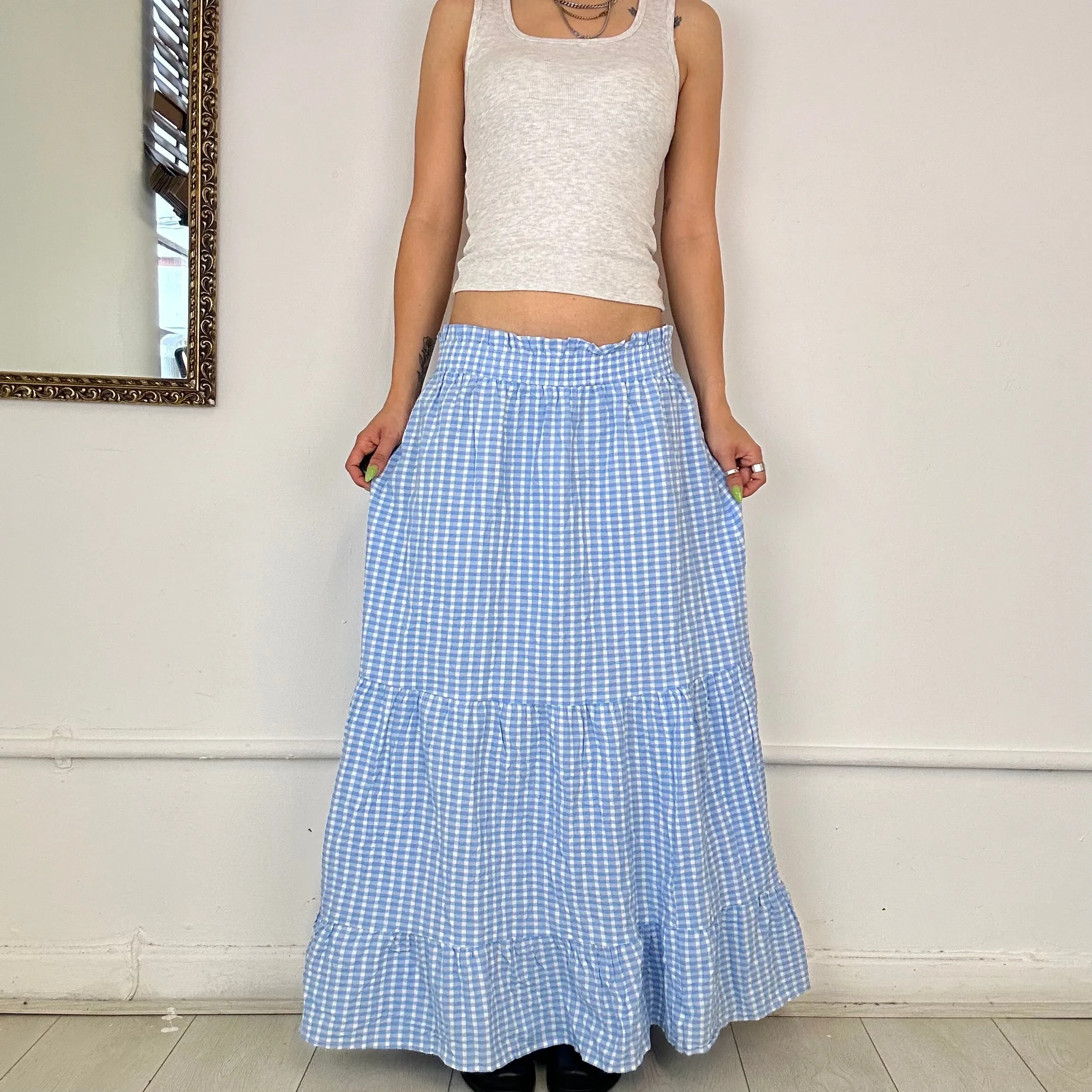 light blue gingham maxi skirt