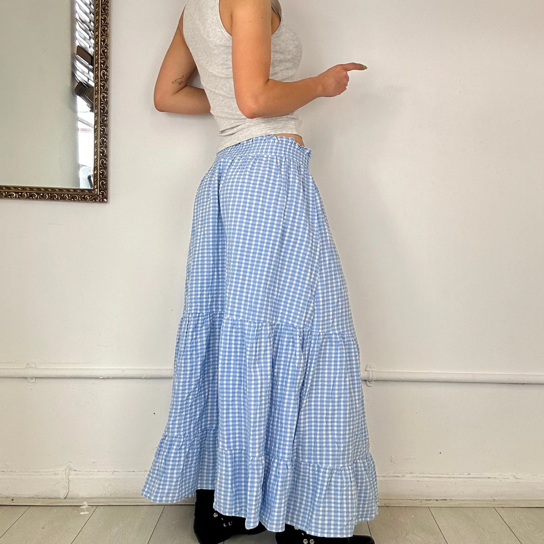 light blue gingham maxi skirt