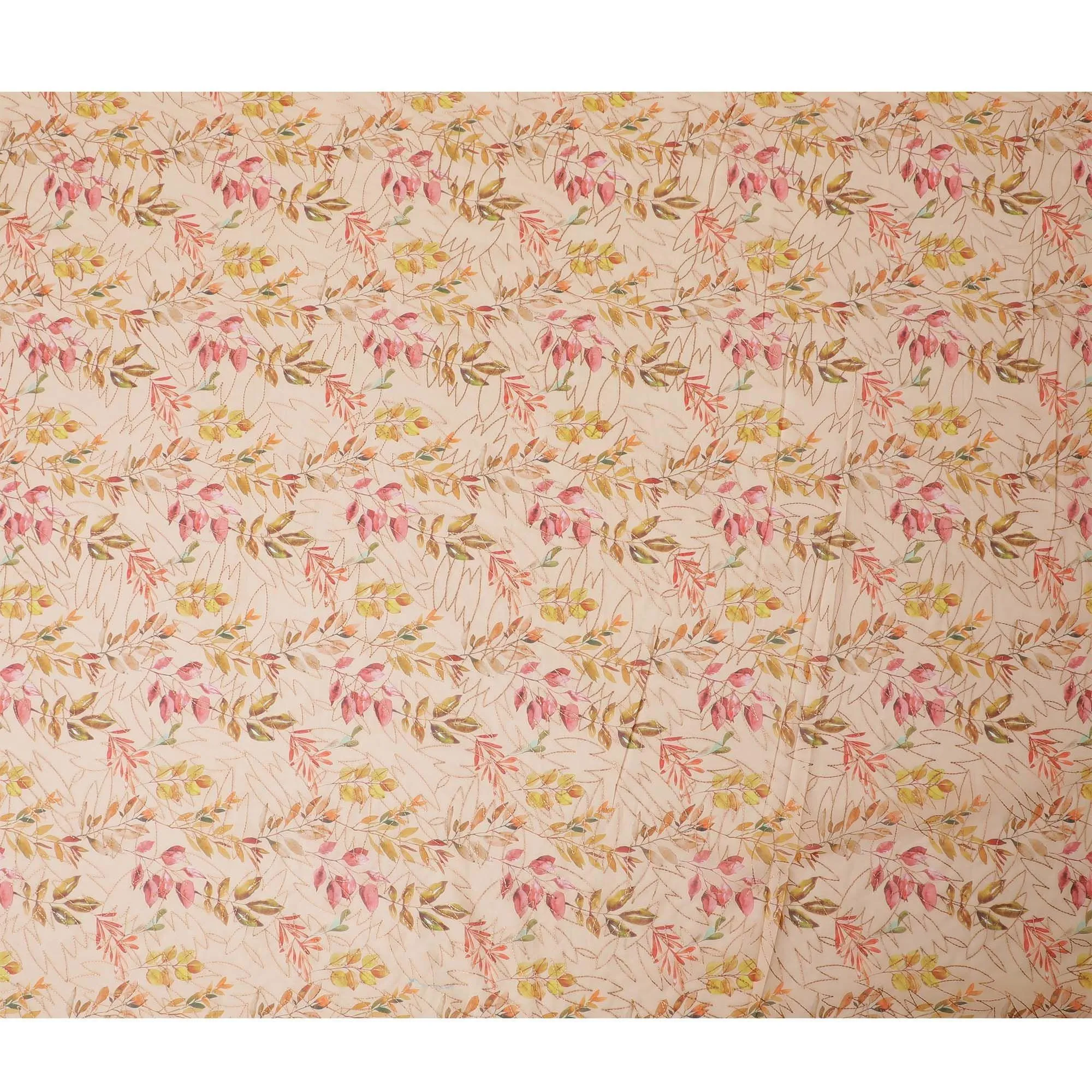 Light brown Premium pure cotton voile fabric with same tone embroidery having multicolor print in Leaf design-D13243