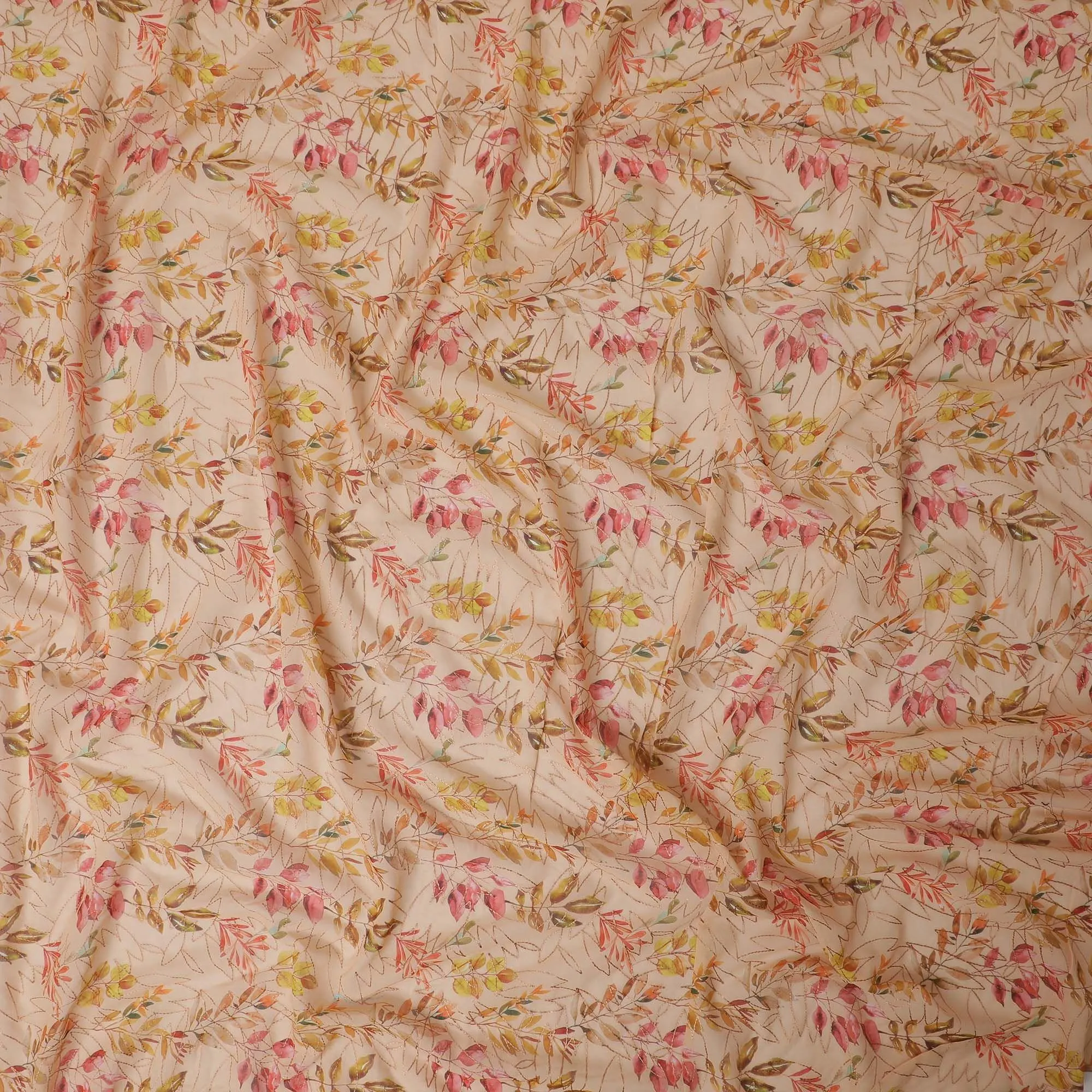 Light brown Premium pure cotton voile fabric with same tone embroidery having multicolor print in Leaf design-D13243