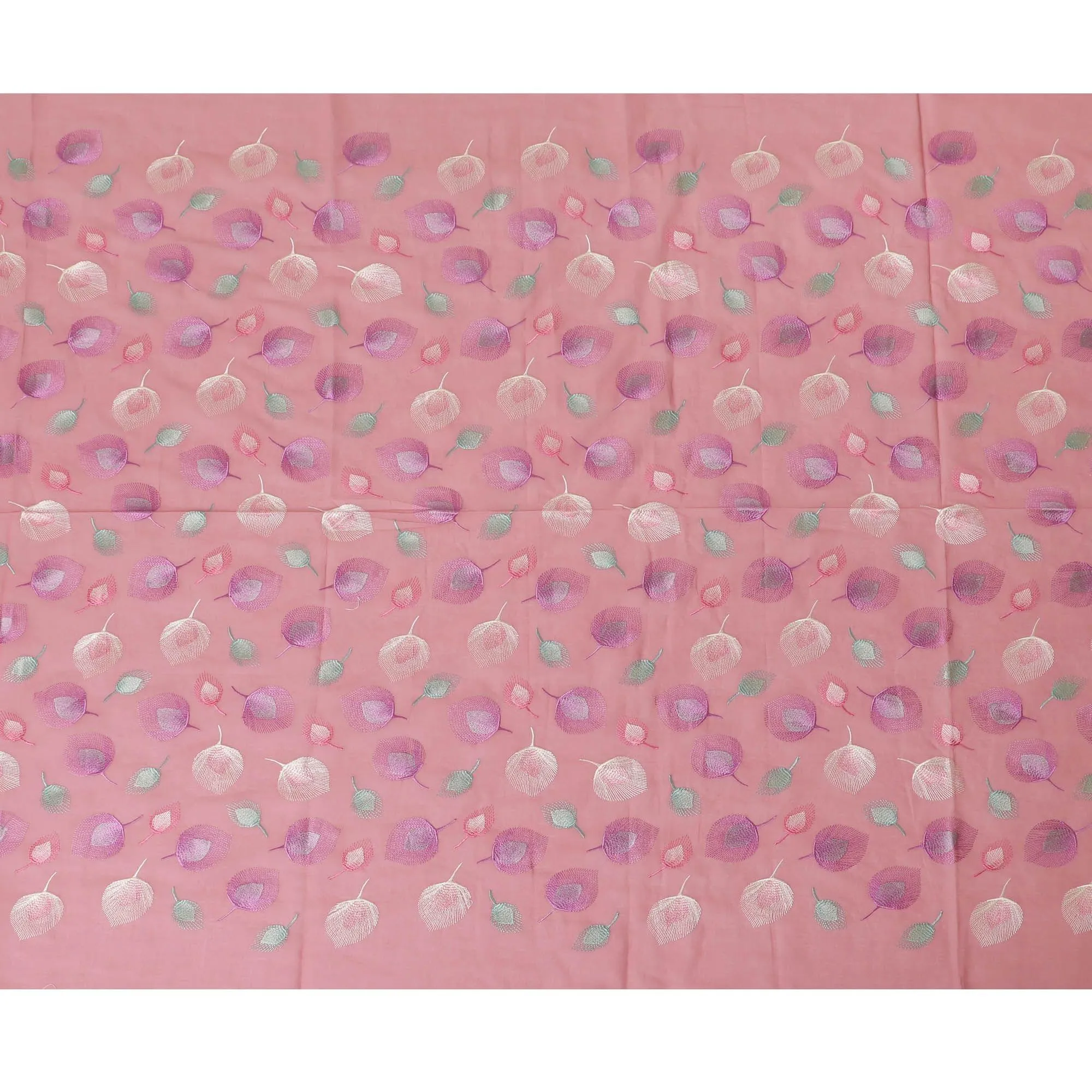 Light cerise pink premium pure cotton voile fabric with lavender pink, beige and turquoise green embrodiery in floral design-D13691