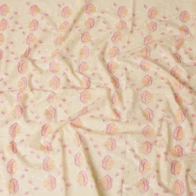 Light gold Premium pure cotton voile fabric with peach, magenta pink and beige embroidery in floral design-D15254