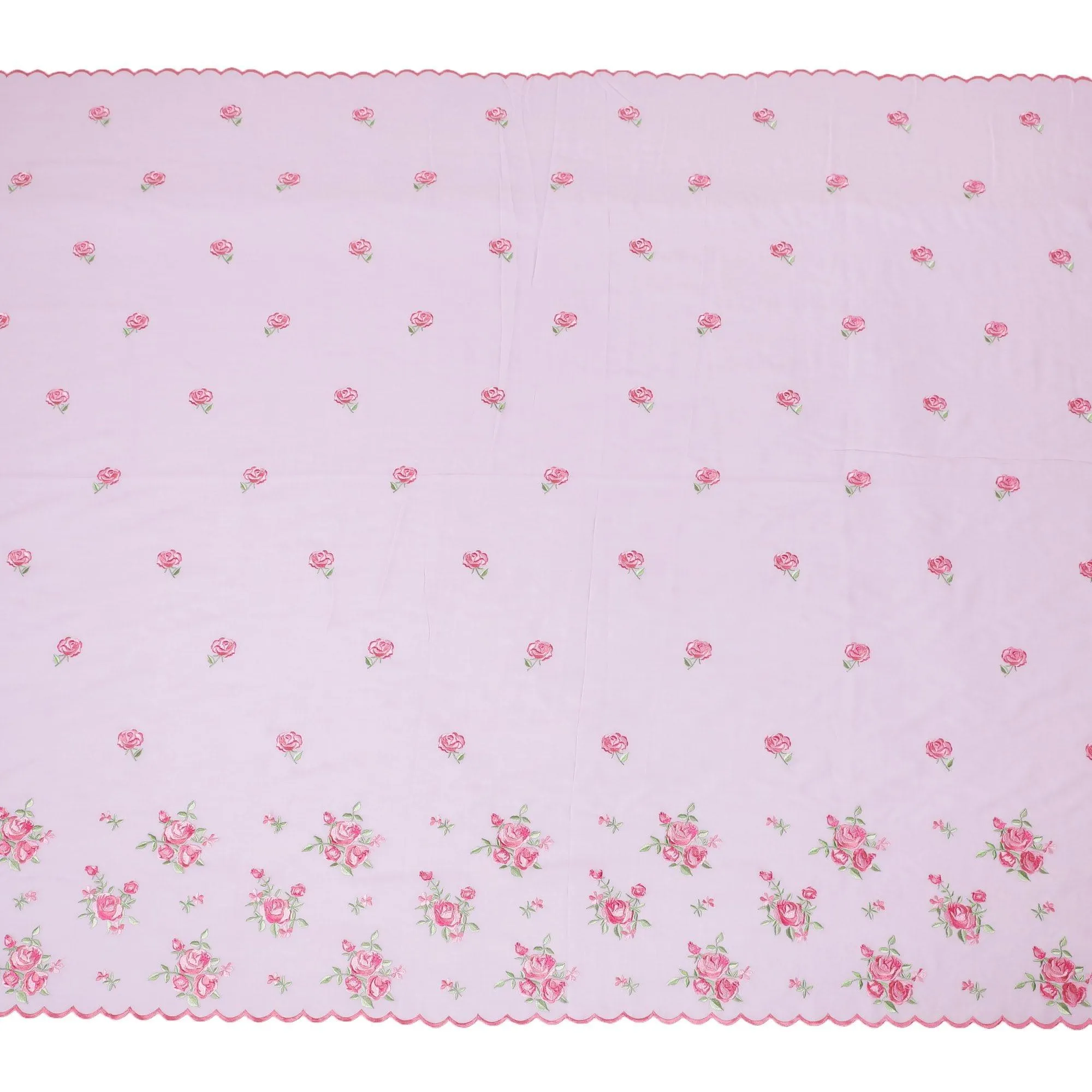Light lavender cotton voile fabric with hot pink and sage green embroidery in floral design-D12463