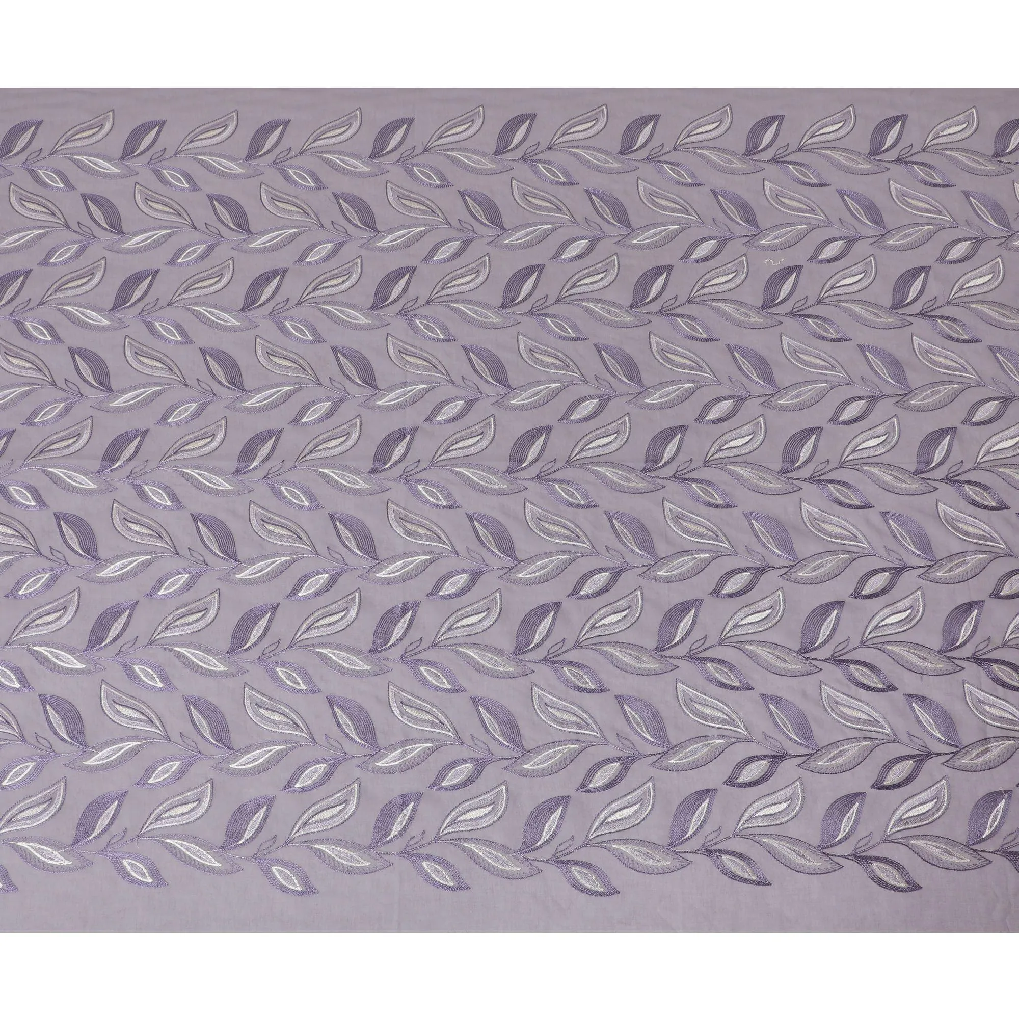 Light Lavender Premium pure cotton voile fabric with purple and beige embroidery in Leaf design-D15236