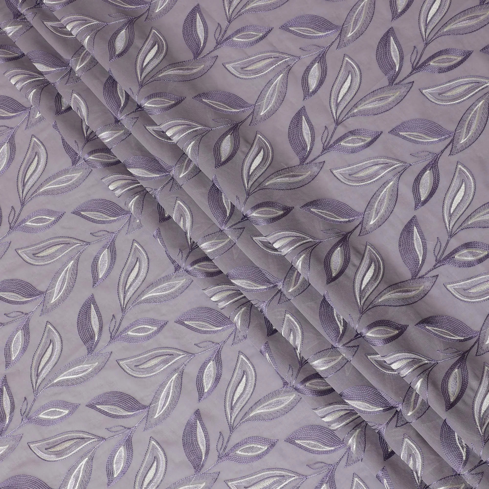 Light Lavender Premium pure cotton voile fabric with purple and beige embroidery in Leaf design-D15236