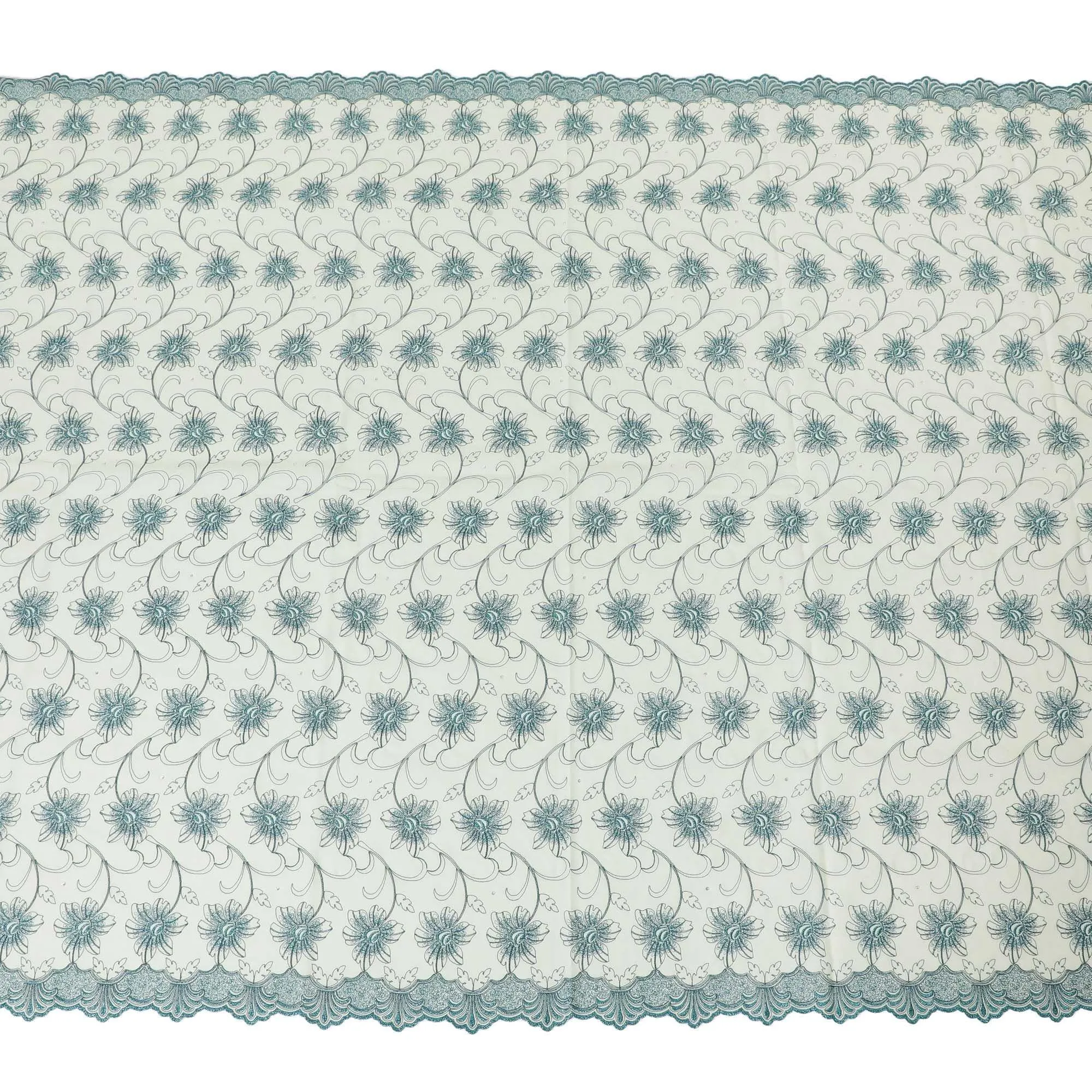 Light mint green Premium pure 100% Swiss cotton voile (Sudanese Thobe) fabric with teal blue embroidery having stone work in fancy design-D13798